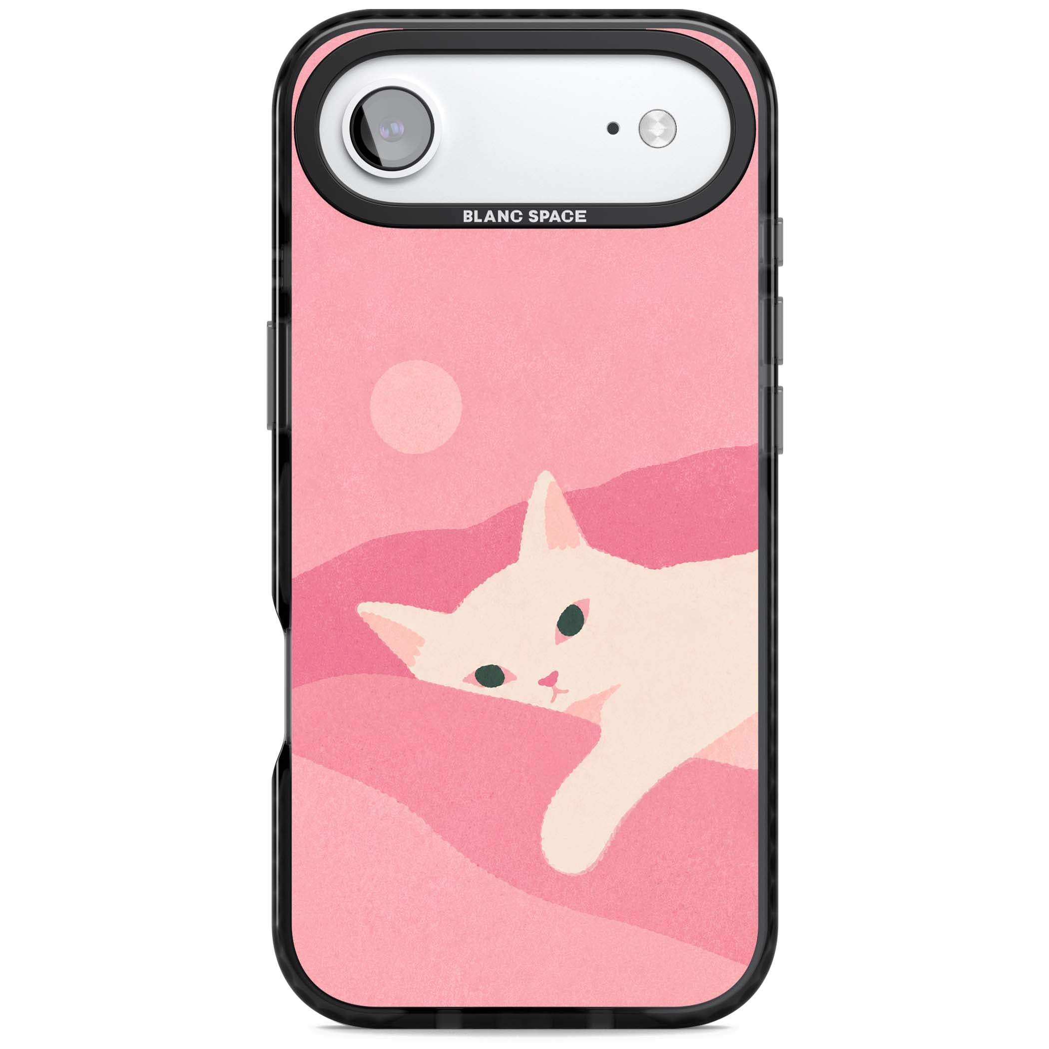 Pink Dreams cute cat iPhone case featuring a white kitten, soft pink hills and a pale pastel sun | Clear Impact case for iPhone Air