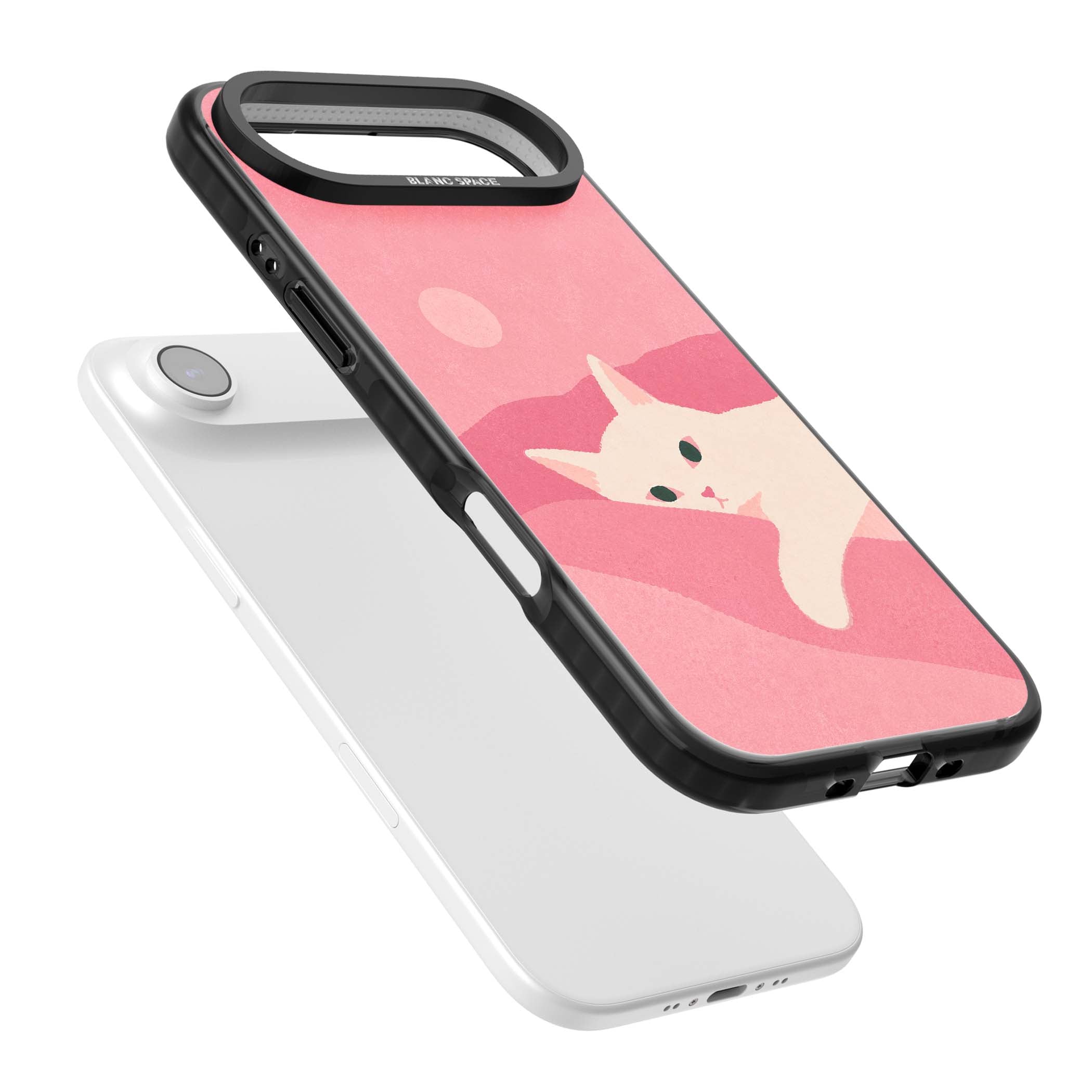 Pink Dreams cute cat iPhone case featuring a white kitten, soft pink hills and a pale pastel sun | Clear Impact case for iPhone Air