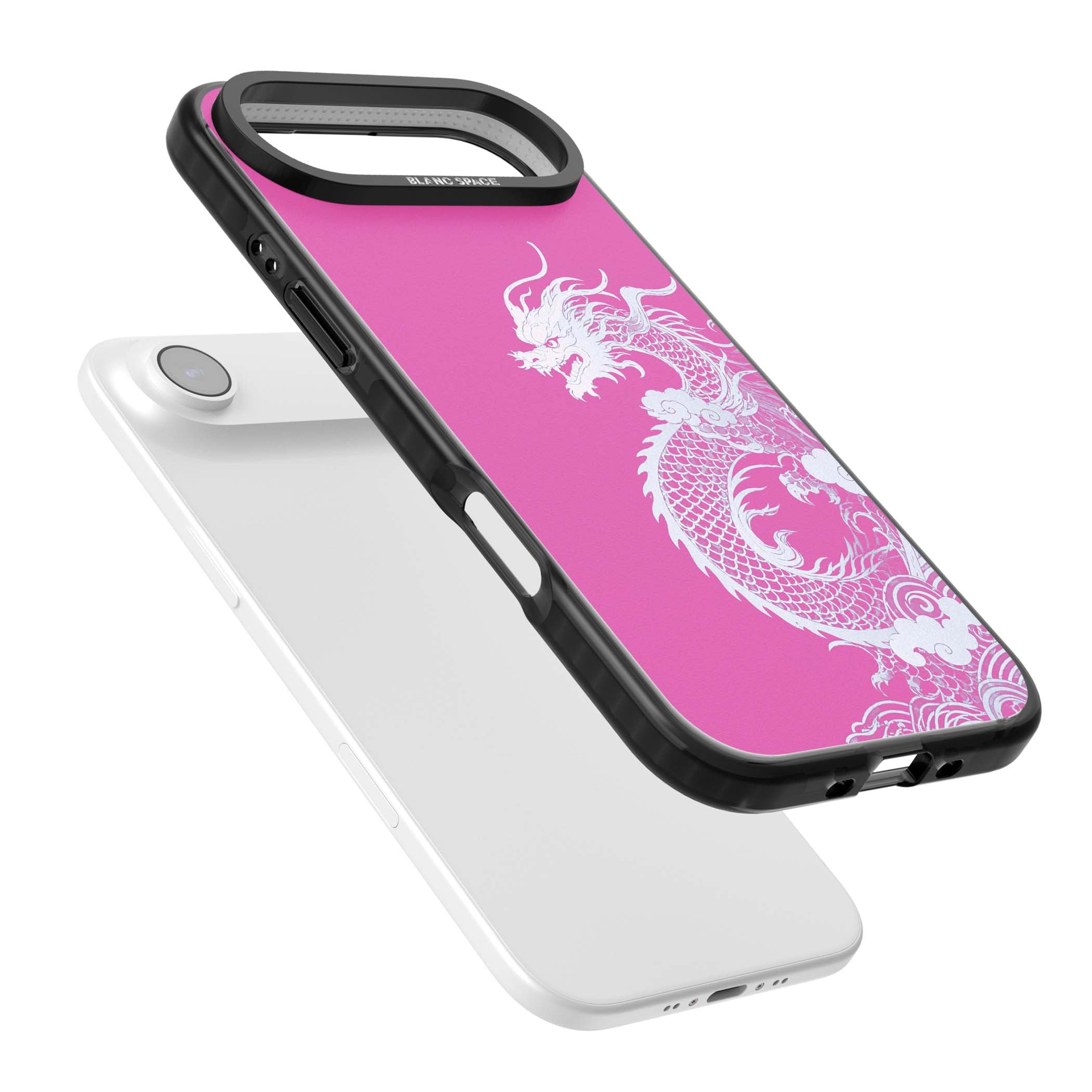Pink Empress chinese dragon iPhone case featuring a white dragon, swirling clouds and pink dragon wallpaper backdrop | Clear Impact case for iPhone Air