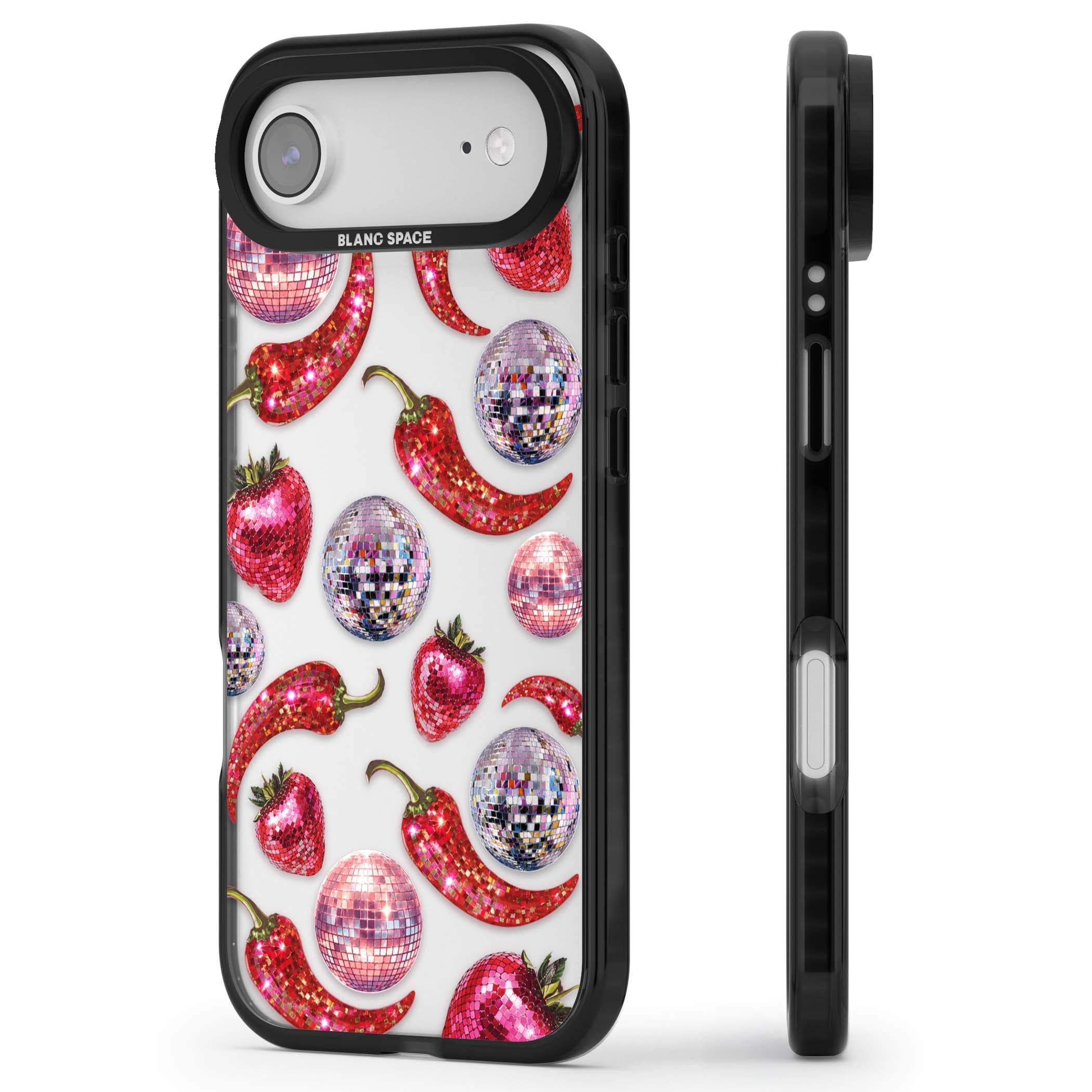 Spicy Disco Y2K iPhone case featuring glitter disco balls, sparkly strawberries and red chilli peppers | Clear Impact case for iPhone Air