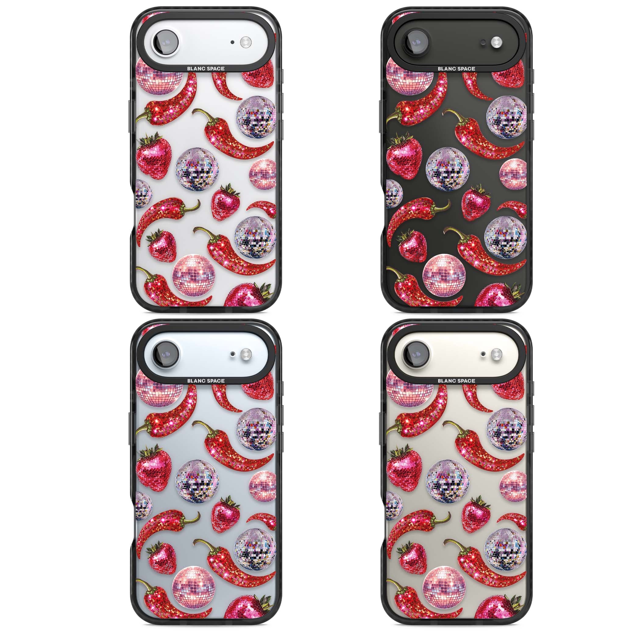Spicy Disco Y2K iPhone case featuring glitter disco balls, sparkly strawberries and red chilli peppers | Clear Impact case for iPhone Air