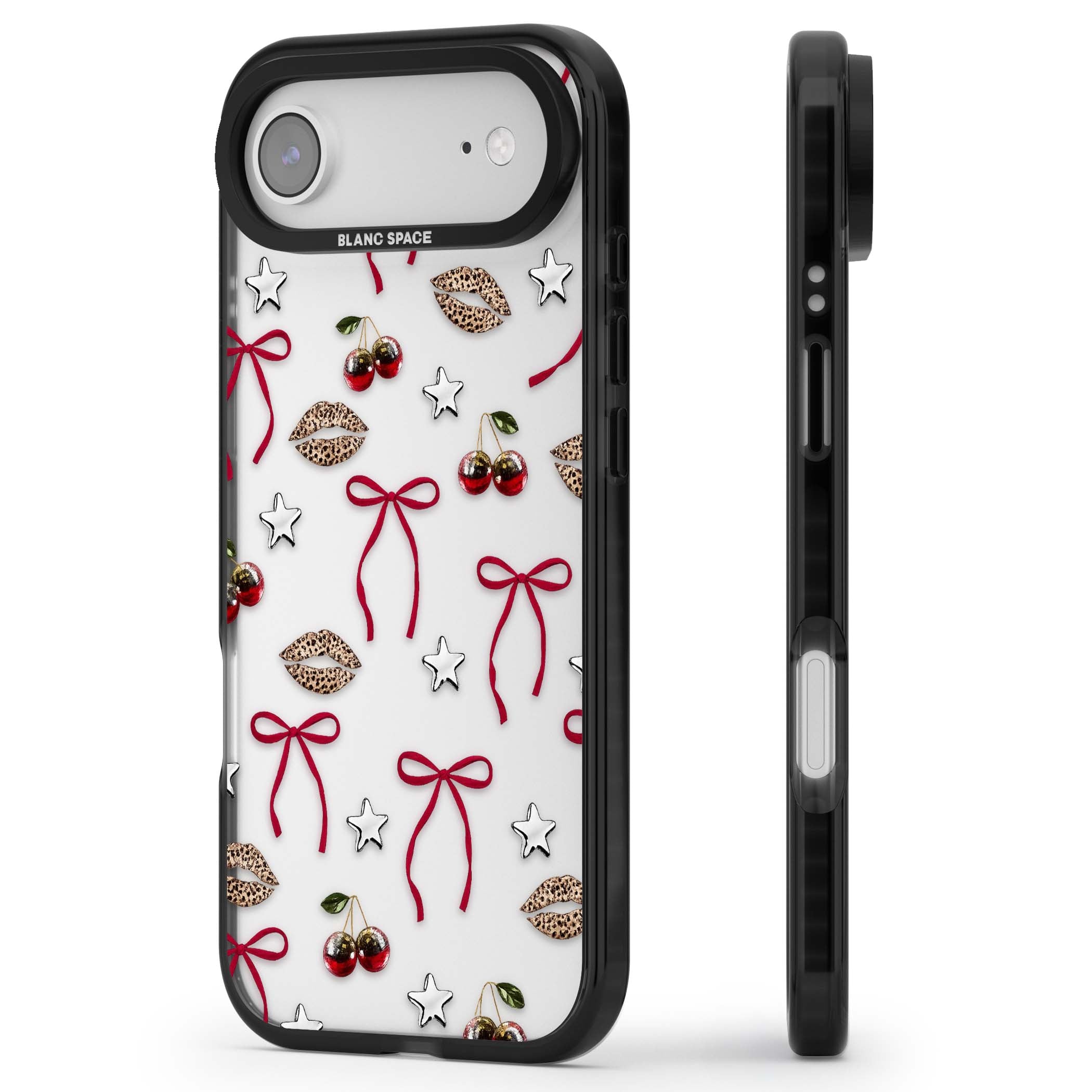 Starlet coquette iPhone case featuring red ribbon bows, disco cherries and leopard-print lips | Clear Impact case for iPhone Air