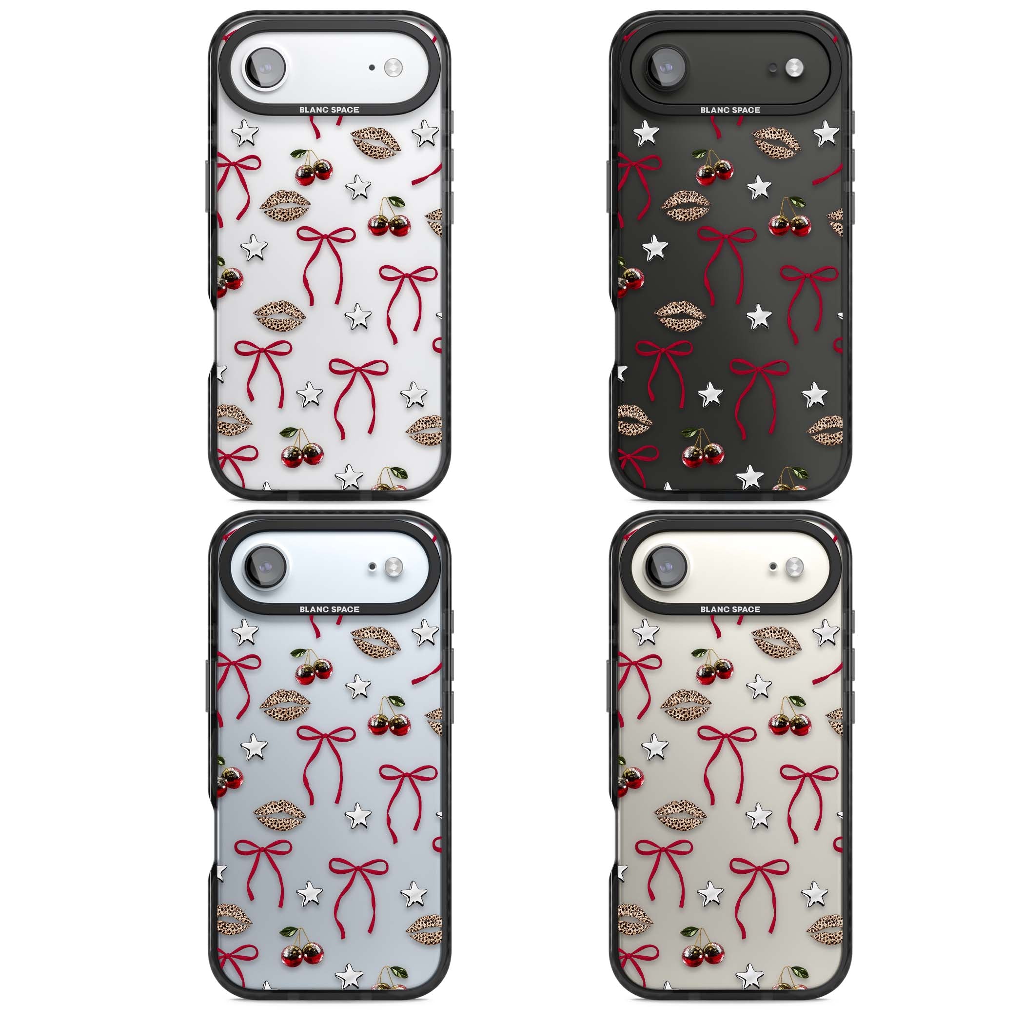 Starlet coquette iPhone case featuring red ribbon bows, disco cherries and leopard-print lips | Clear Impact case for iPhone Air