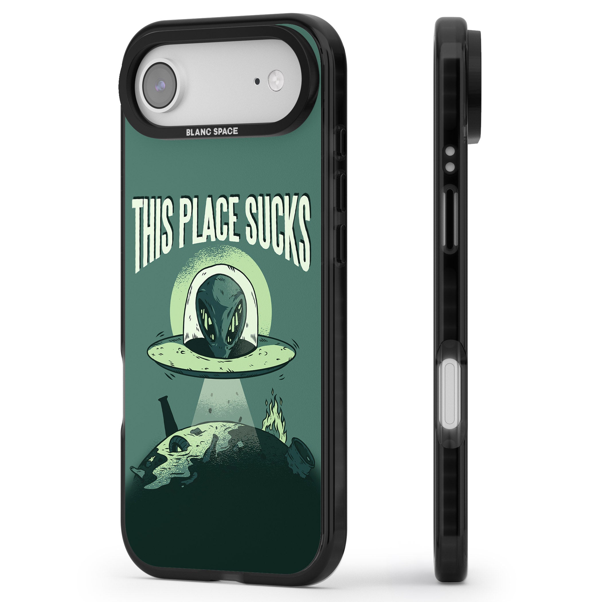 Earth Sucks iPhone 17 Air Impact Black Phone Case Side Profile