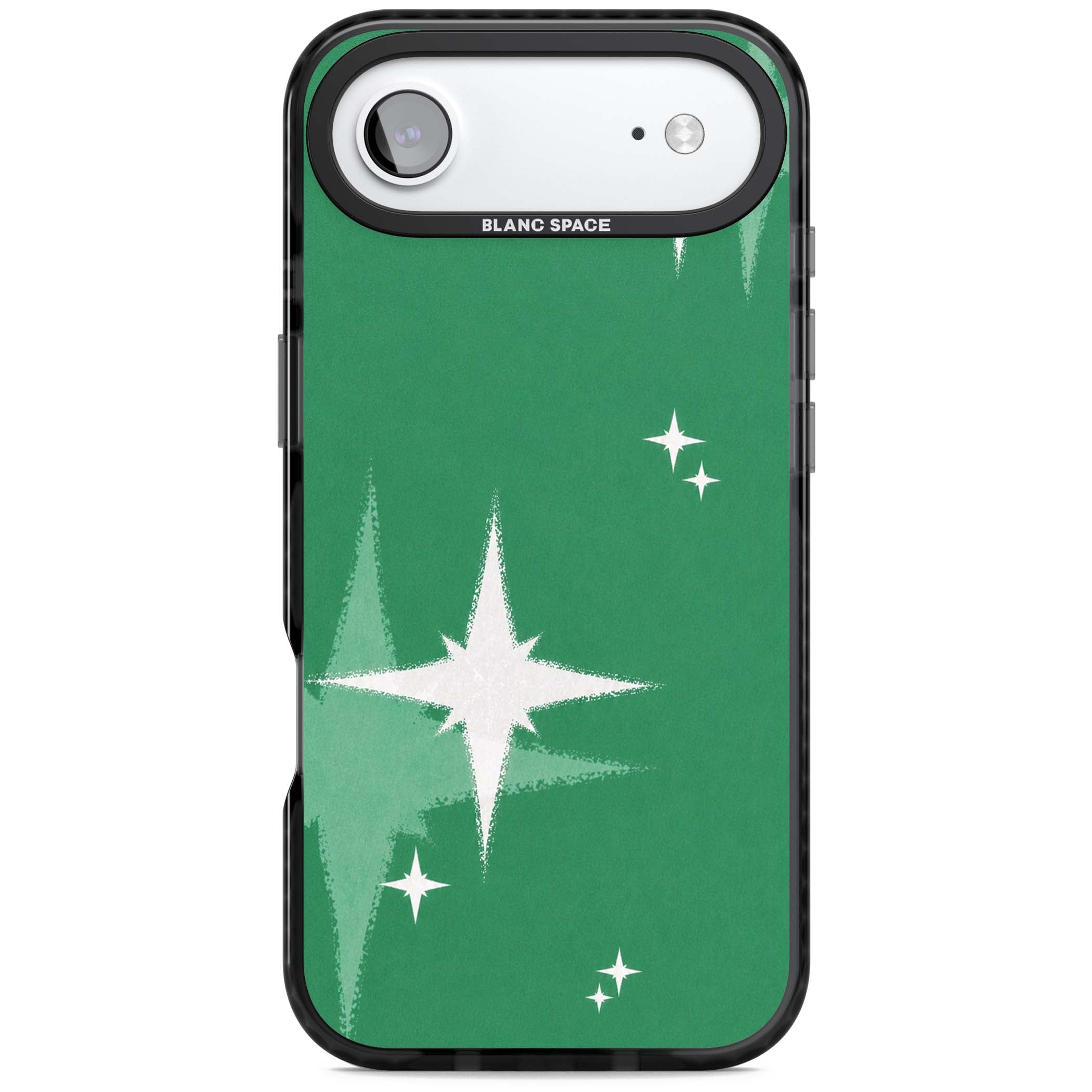 Green Sparkle celestial iPhone case featuring sparkling white four-point stars on a deep green background | Clear Impact case for iPhone Air