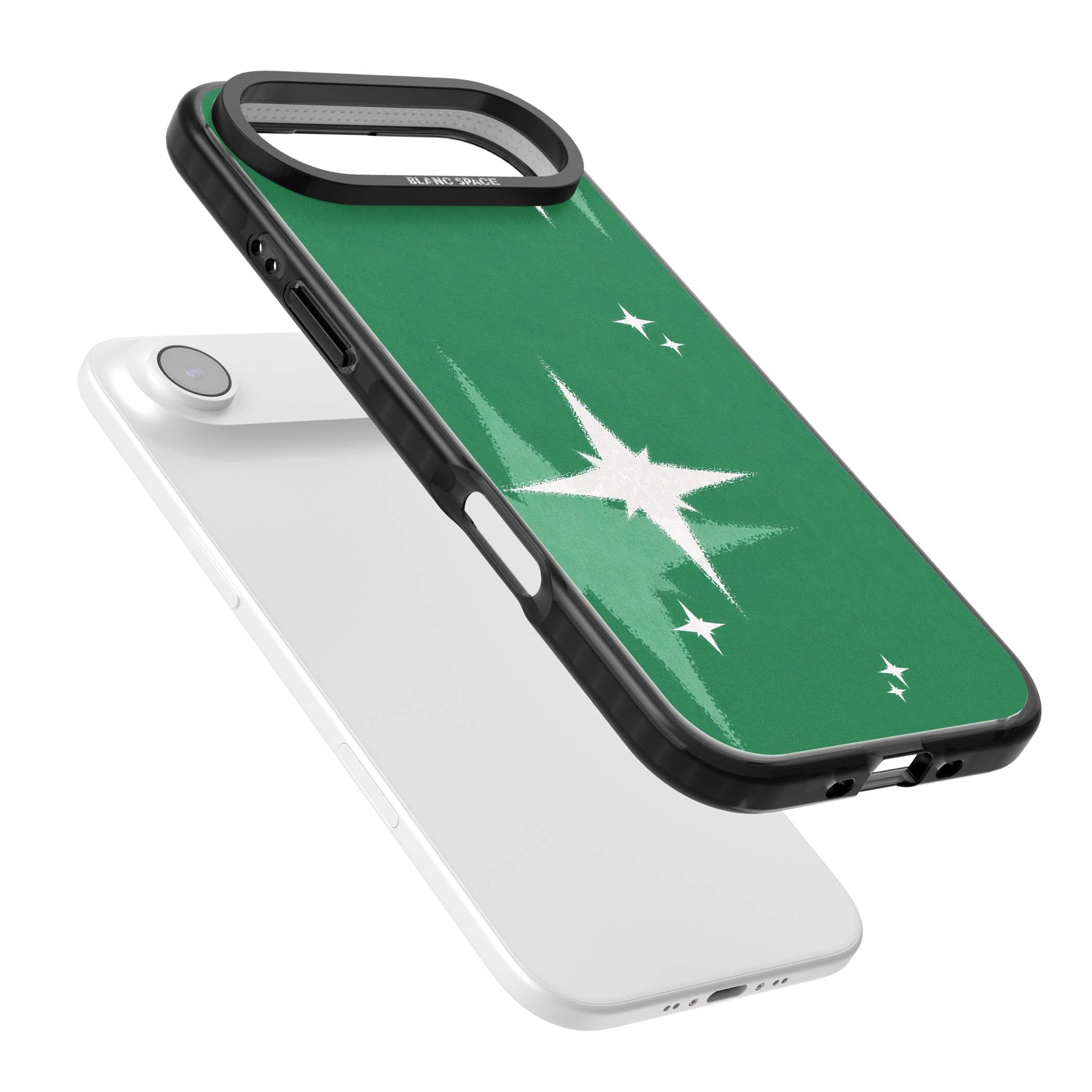 Green Sparkle celestial iPhone case featuring sparkling white four-point stars on a deep green background | Clear Impact case for iPhone Air