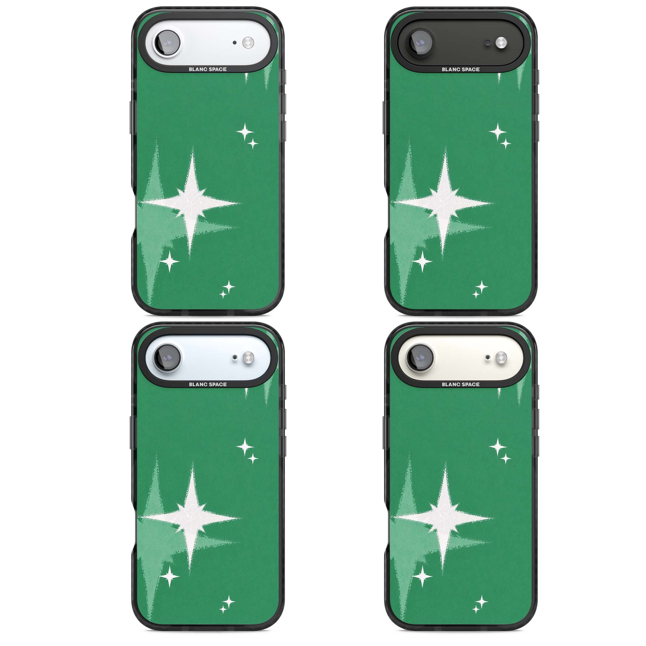 Green Sparkle celestial iPhone case featuring sparkling white four-point stars on a deep green background | Clear Impact case for iPhone Air