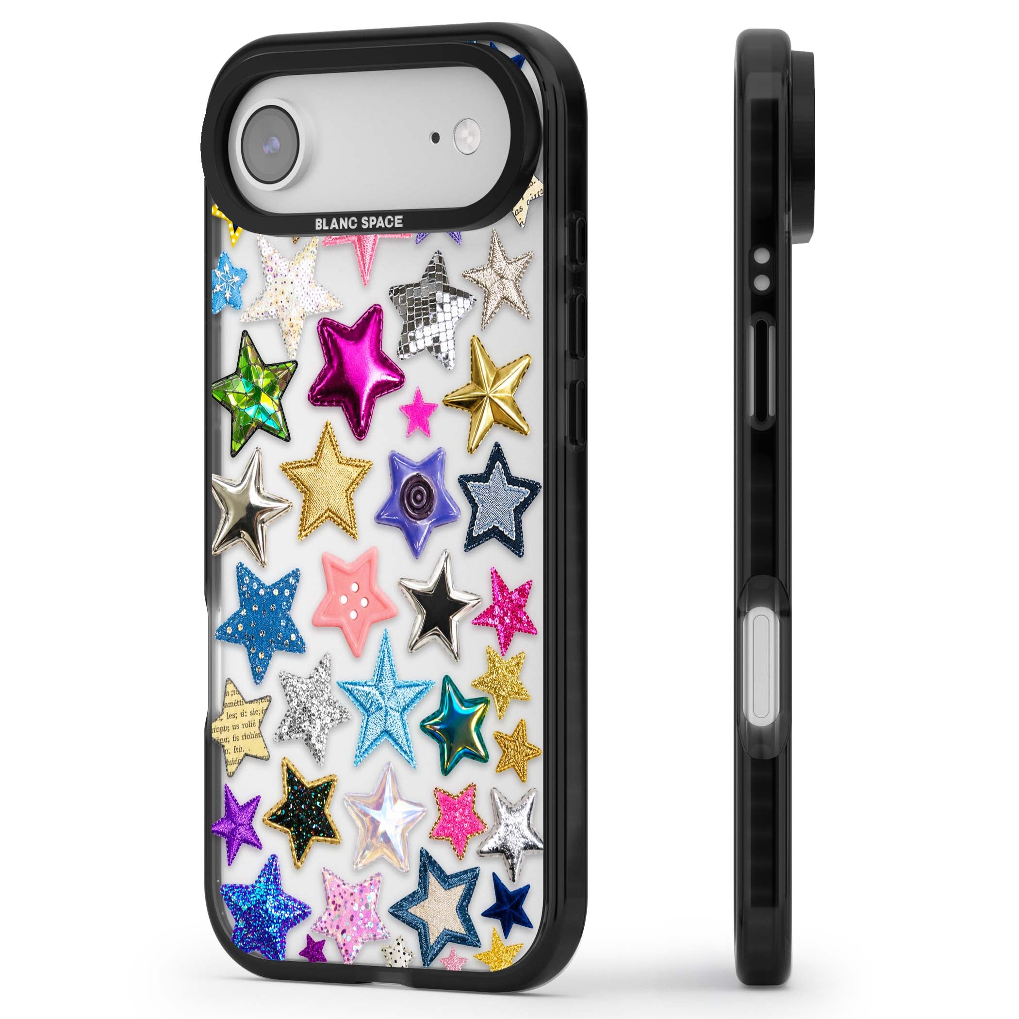 Crafty Star Mix Y2K iPhone case featuring embroidered, sequinned and glitter star patches in rainbow colours | Clear Impact case for iPhone Air