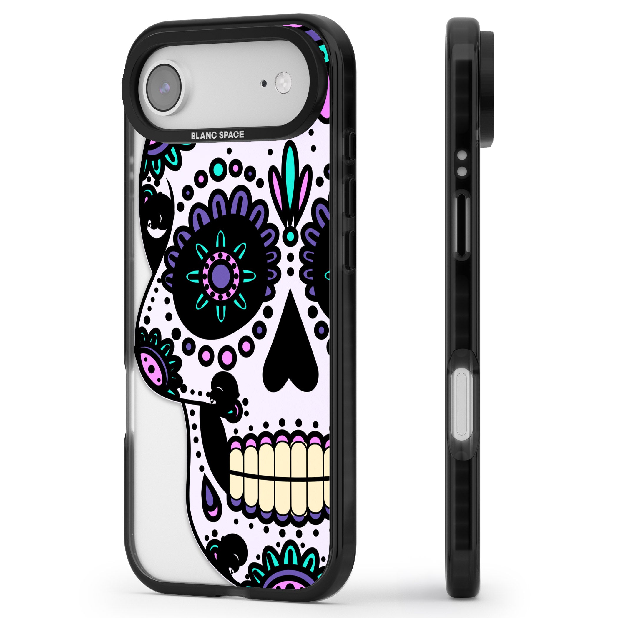 Violet Sugar Skull iPhone 17 Air Impact Black Phone Case Side Profile