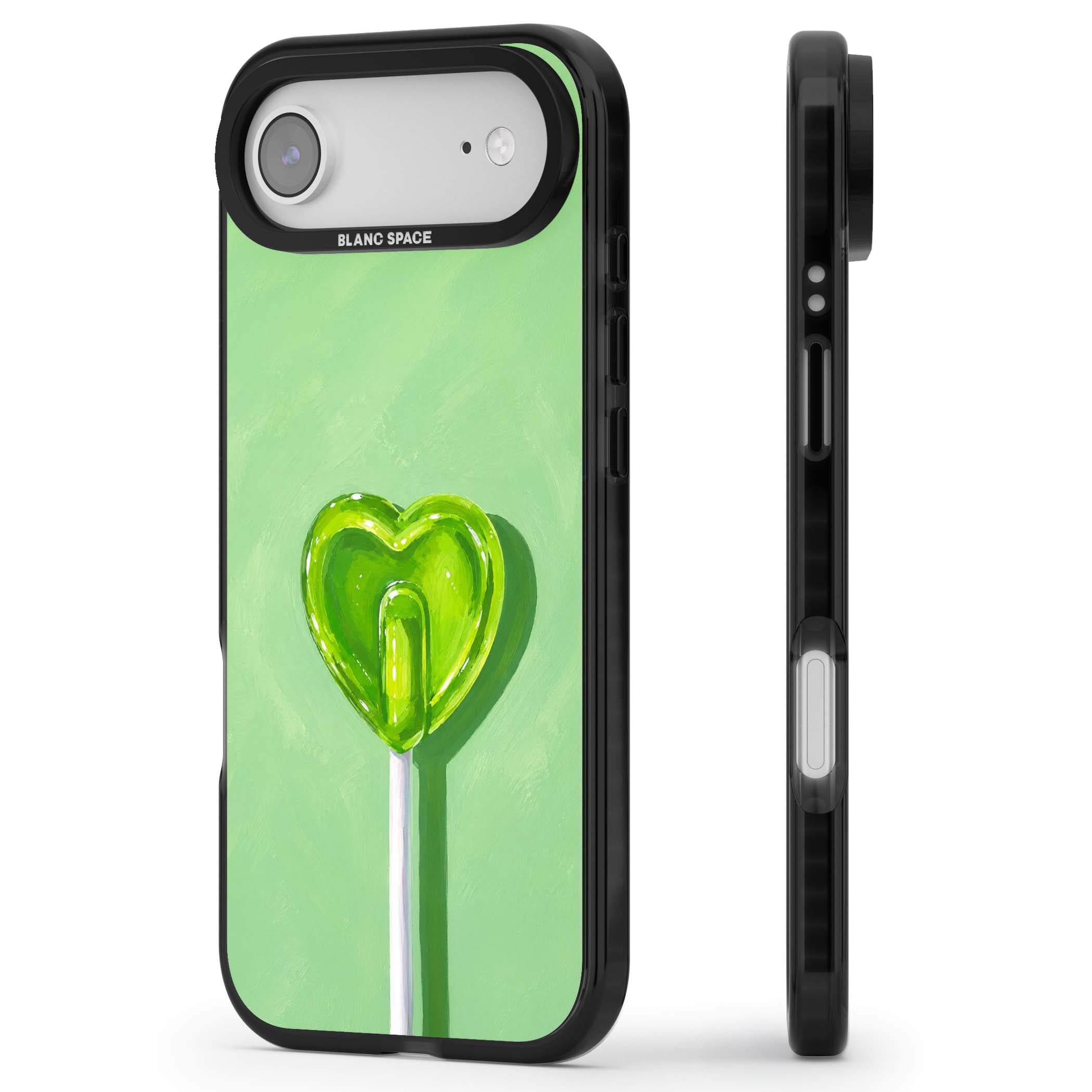 Green Lollipop candy art iPhone case featuring a glossy green heart-shaped lollipop on a painted pastel green background | Clear Impact case for iPhone Air