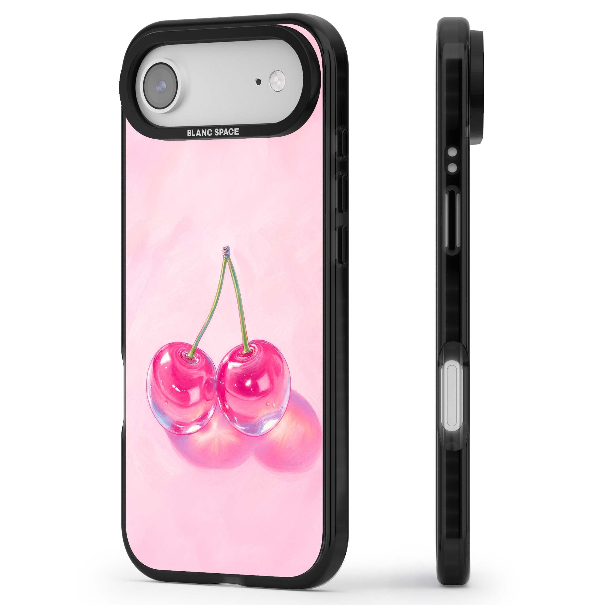 Pink Glass Cherry coquette iPhone case featuring two glossy painted cherries on a soft pink background | Clear Impact case for iPhone Air
