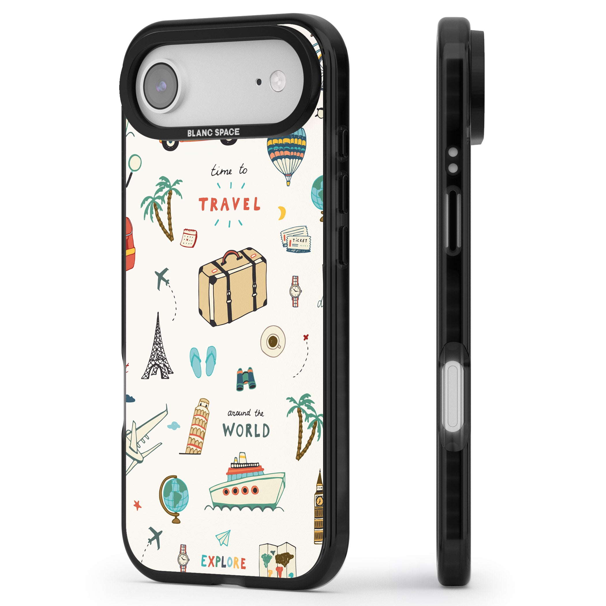 Cute Travel Pattern Cream iPhone 17 Air Impact Black Phone Case Side Profile