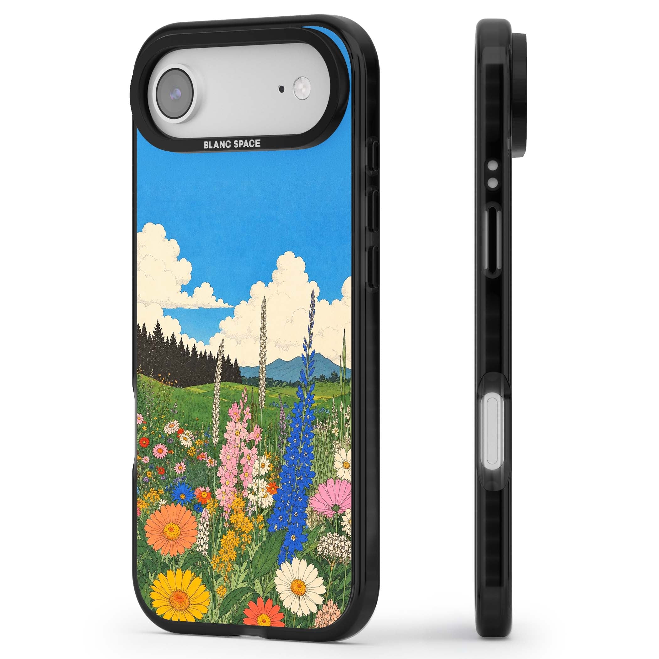 Wildbloom wildflower iPhone case featuring a vintage Japanese-style meadow landscape with daisies, delphiniums and moun | Clear Impact case for iPhone Air