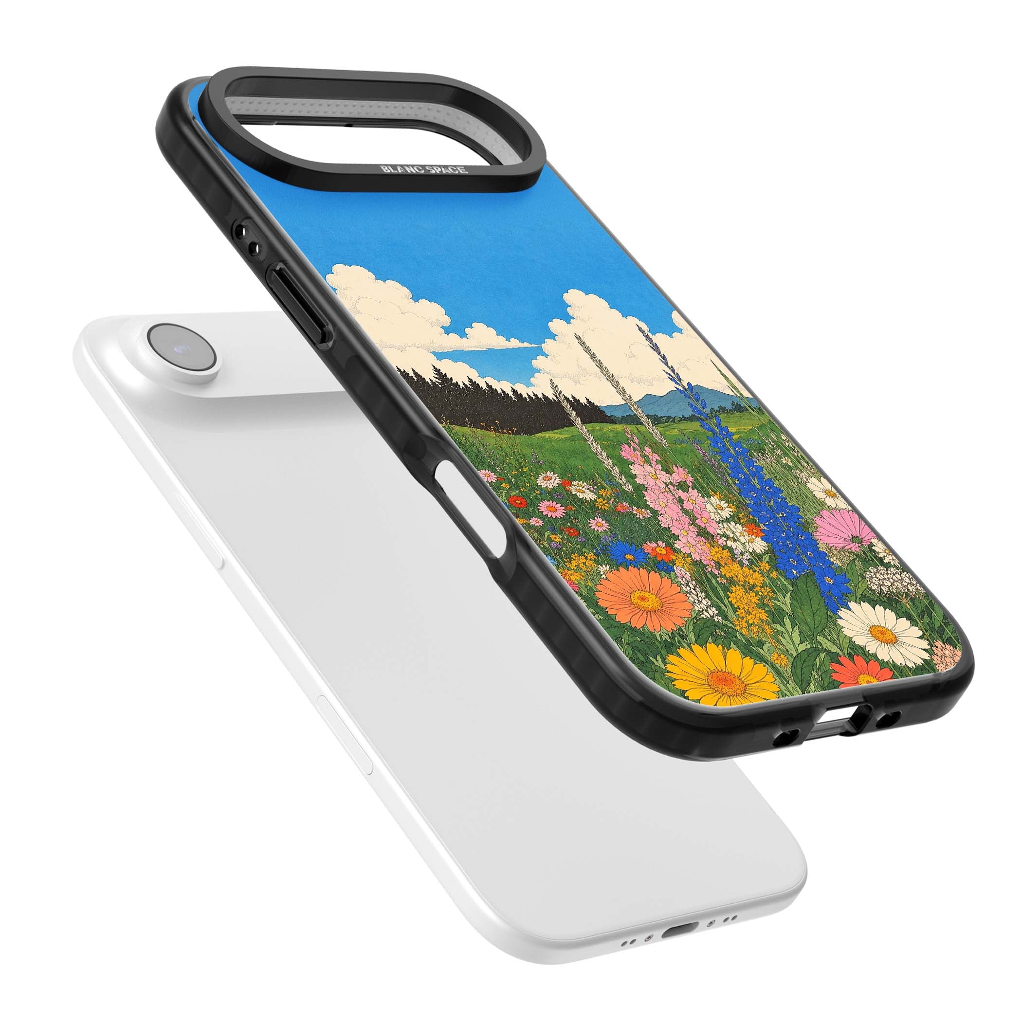 Wildbloom wildflower iPhone case featuring a vintage Japanese-style meadow landscape with daisies, delphiniums and moun | Clear Impact case for iPhone Air