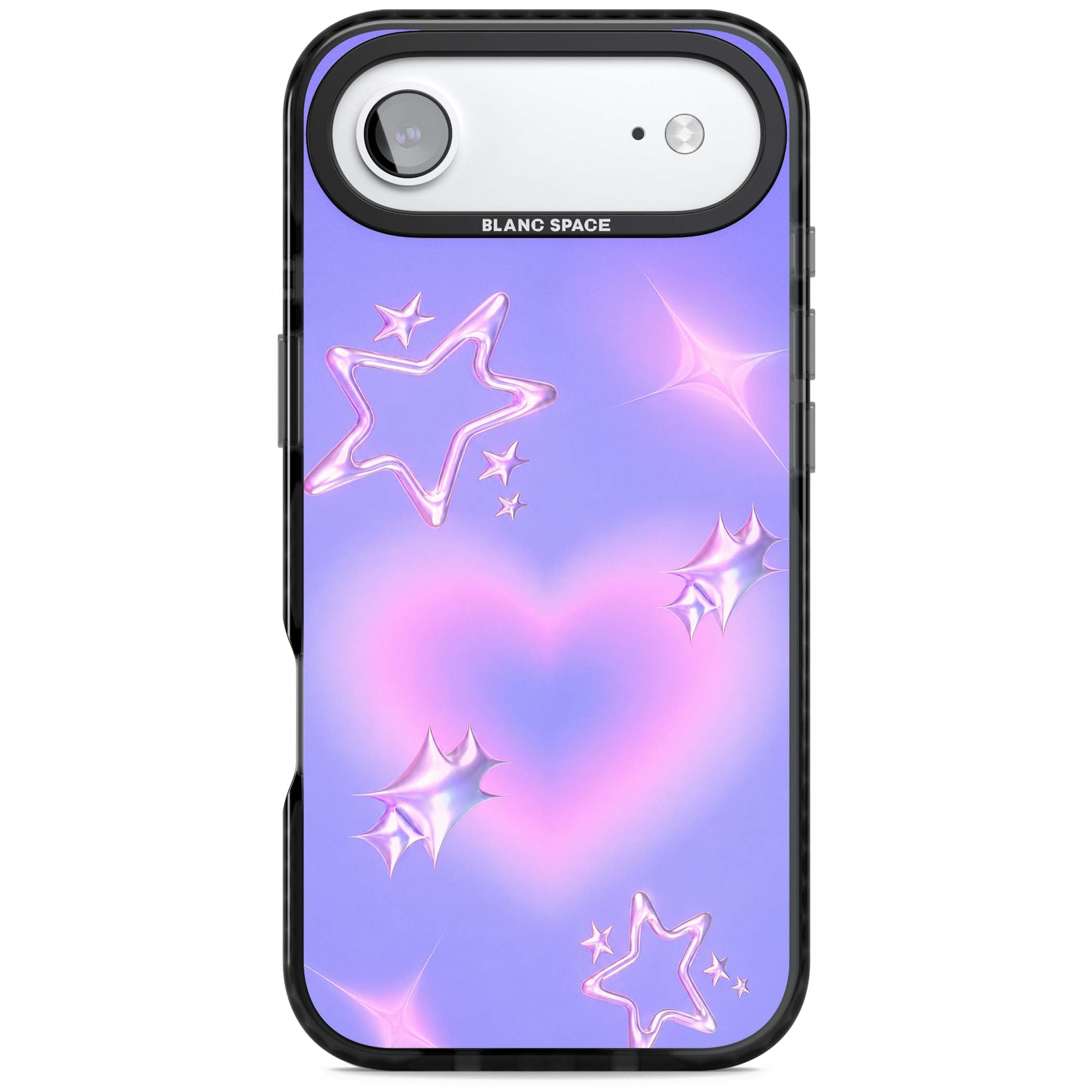 Soft Sugar Y2K iPhone case featuring iridescent chrome hearts, metallic pink stars and a lavender gradient sky | Clear Impact case for iPhone Air