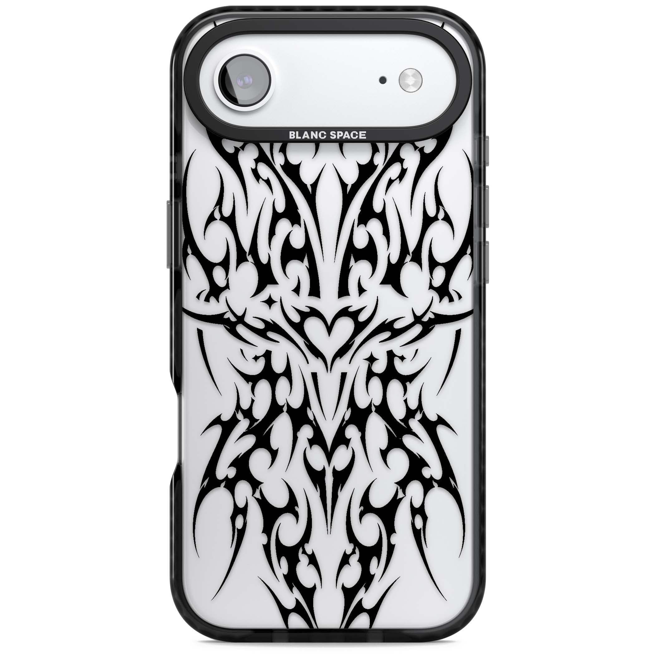 Neo Tribal Heart gothic iPhone case featuring symmetrical black tribal tattoo art with sharp thorn-like linework | Clear Impact case for iPhone Air