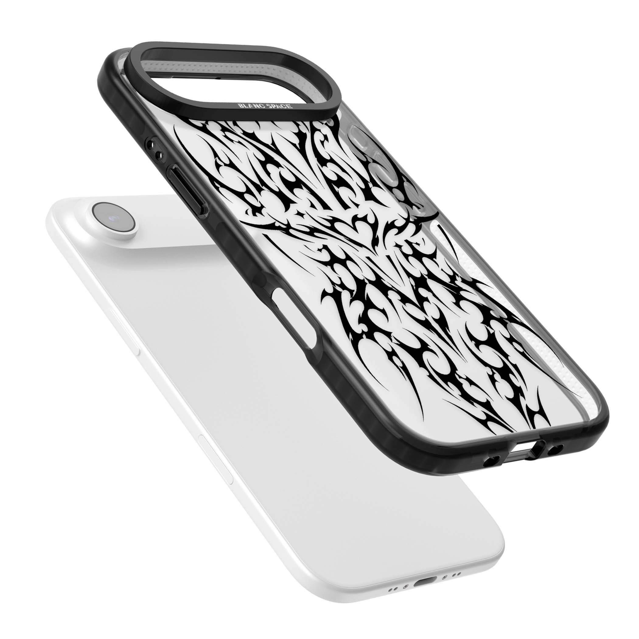 Neo Tribal Heart gothic iPhone case featuring symmetrical black tribal tattoo art with sharp thorn-like linework | Clear Impact case for iPhone Air