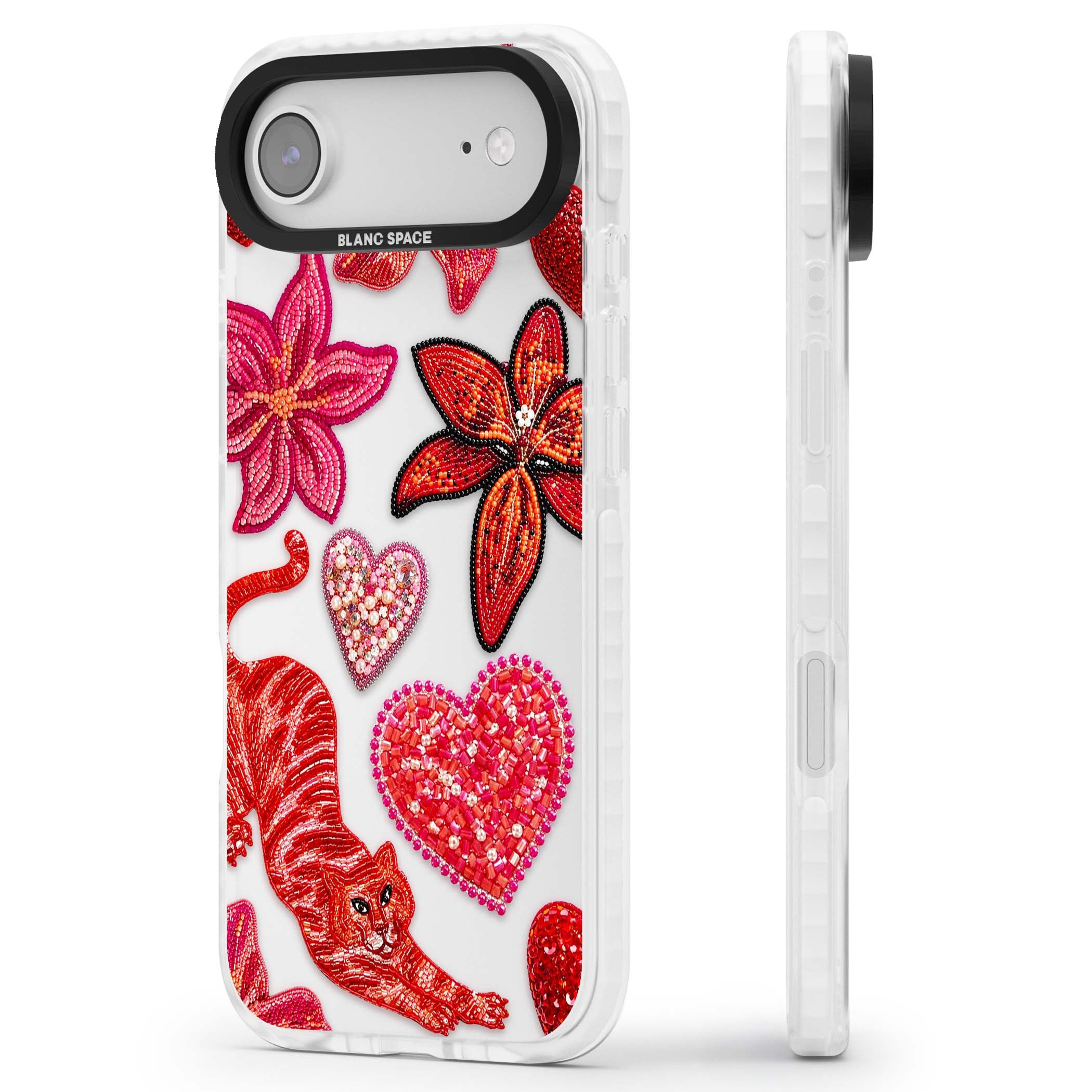 Beaded Boho floral iPhone case featuring beaded red lilies, a stitched tiger, and pearl-encrusted hearts on clear | Black Impact case for iPhone Air