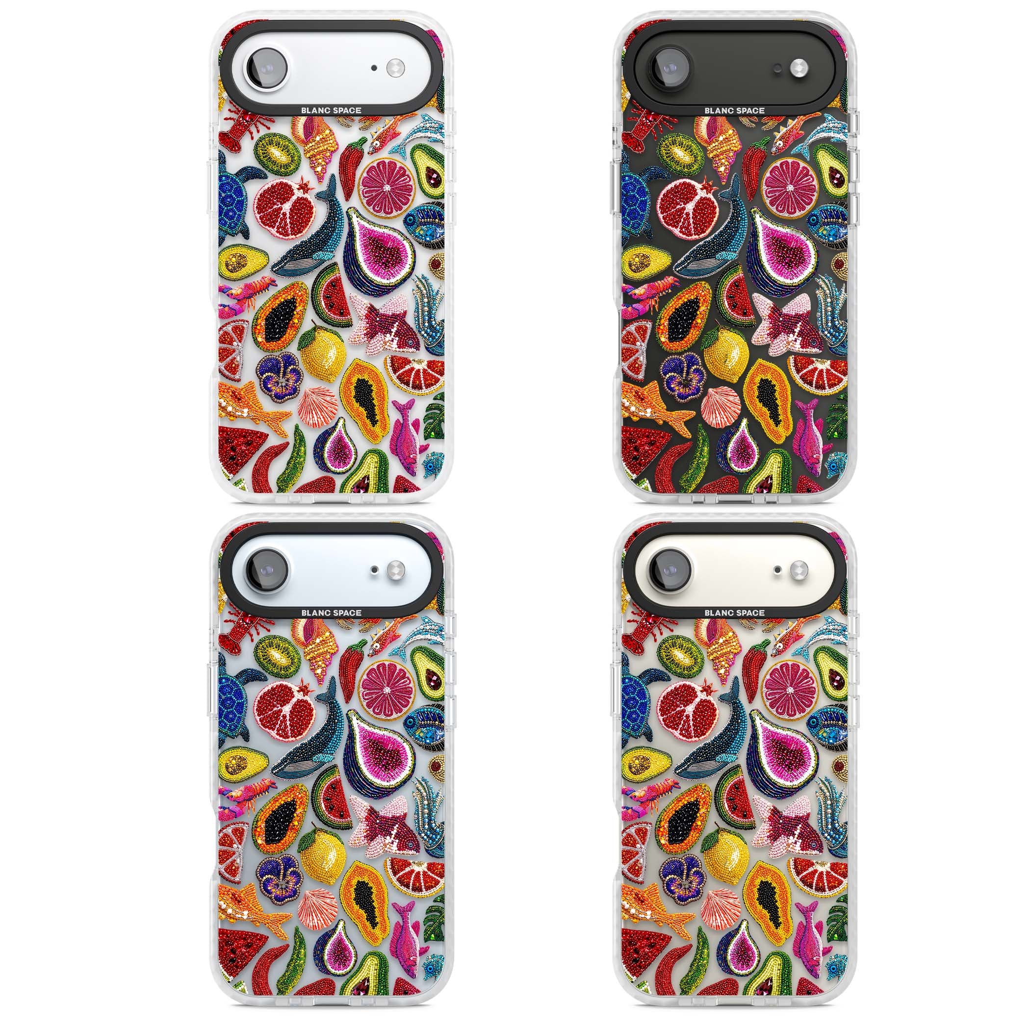 Beaded Tropic tropical iPhone case featuring beaded fruit, fish, crabs and seashells in vibrant colour | Black Impact case for iPhone Air