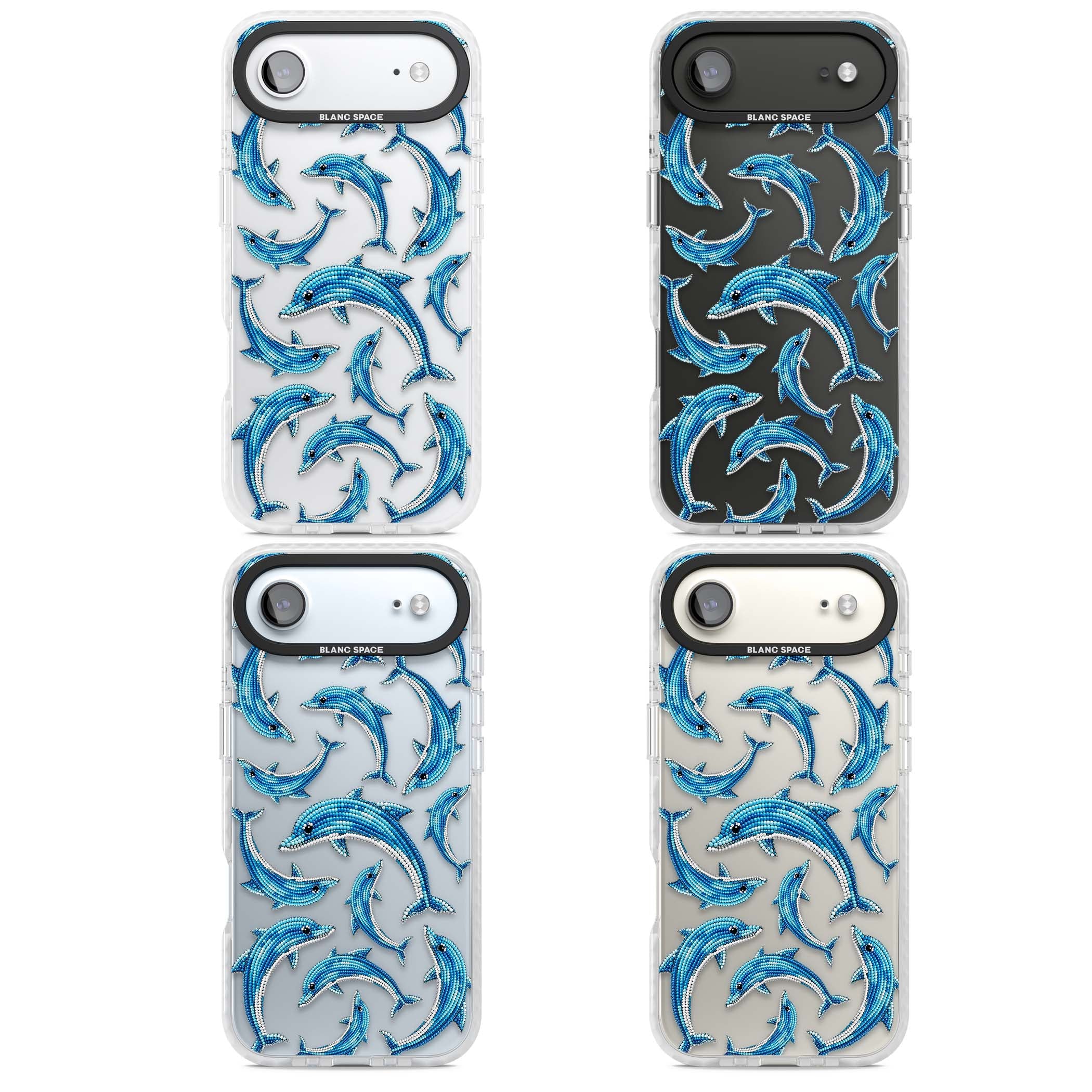 Beaded Dolphins coastal iPhone case featuring beaded dolphins in blue and white swimming across a clear background | Black Impact case for iPhone Air