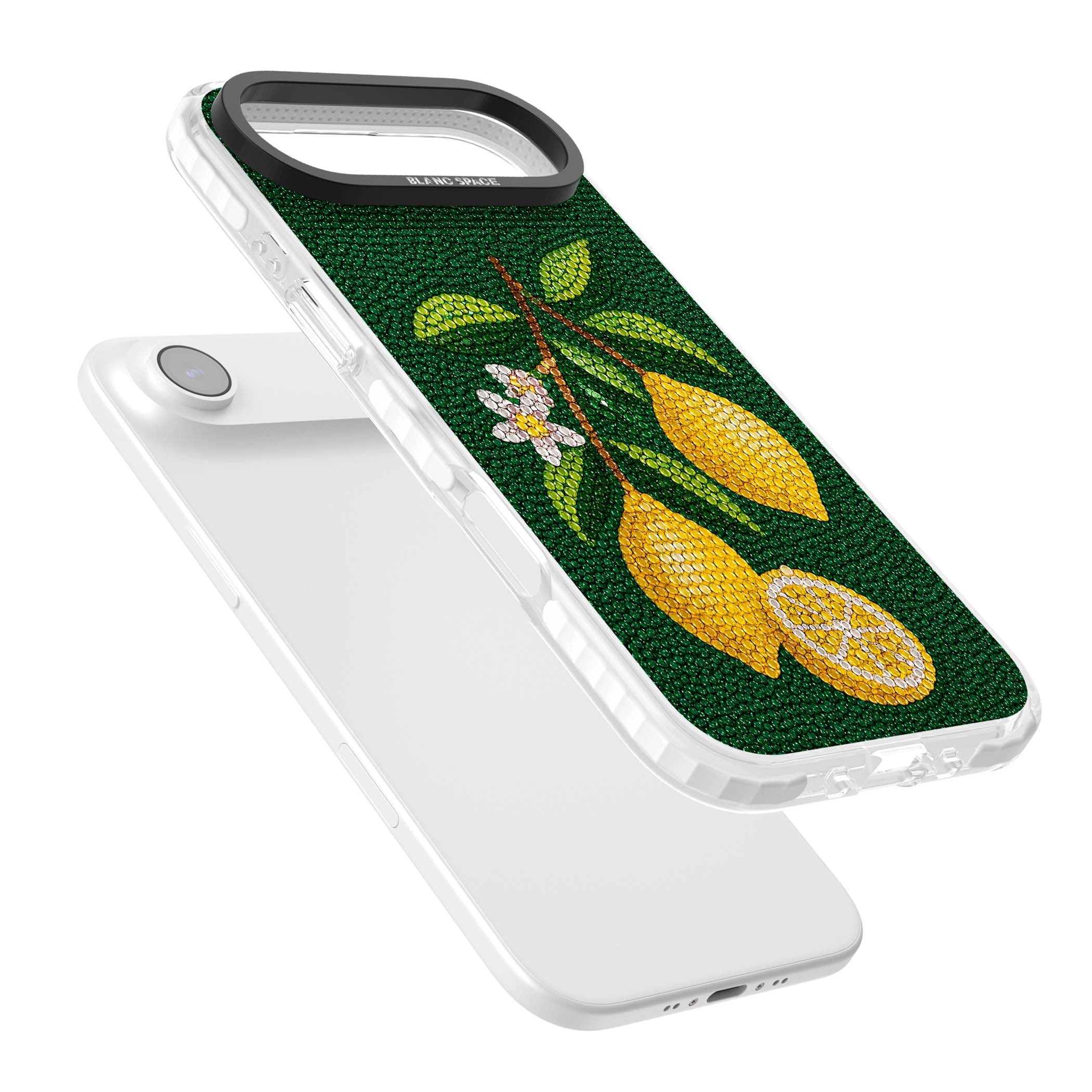 Beaded Lemons coastal iPhone case featuring crystal-beaded lemons, citrus blossom and green leaves on emerald ground | Black Impact case for iPhone Air