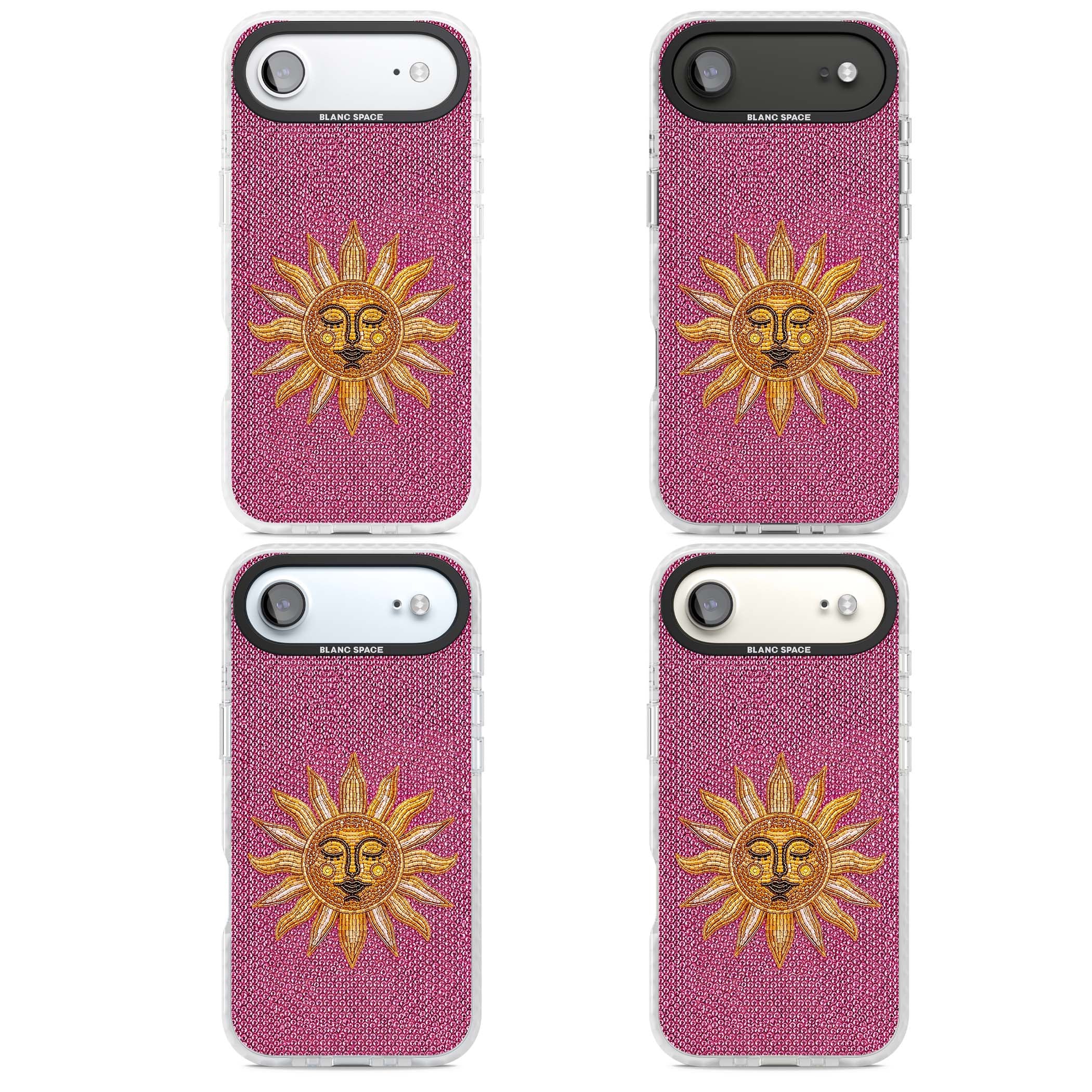 Beaded Sun celestial iPhone case featuring a golden beaded sun face with radiant rays on hot pink beaded background | Black Impact case for iPhone Air