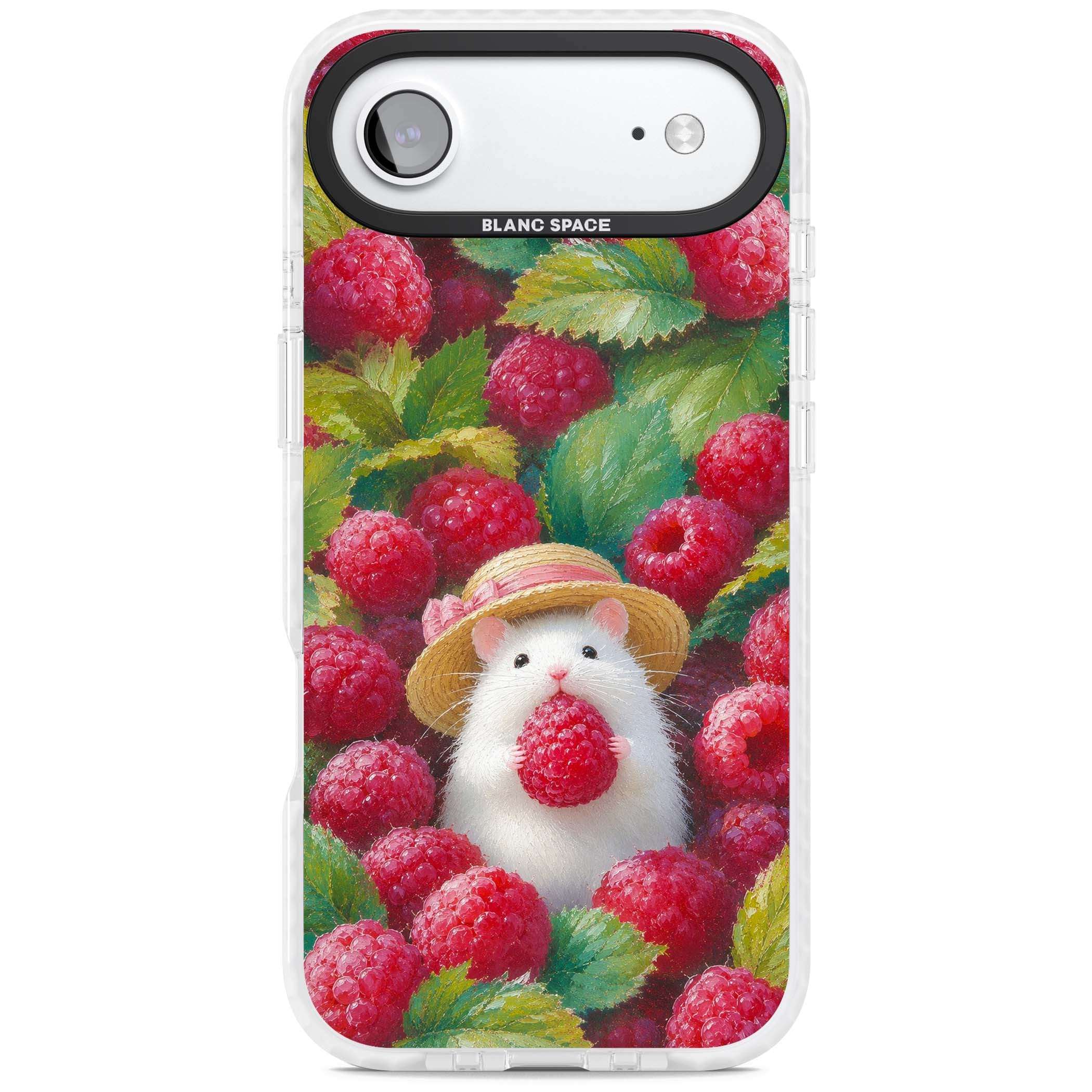 Berry Forager cottagecore iPhone case featuring a white hamster in a straw hat holding a raspberry surrounded by ripe ber | Black Impact case for iPhone Air
