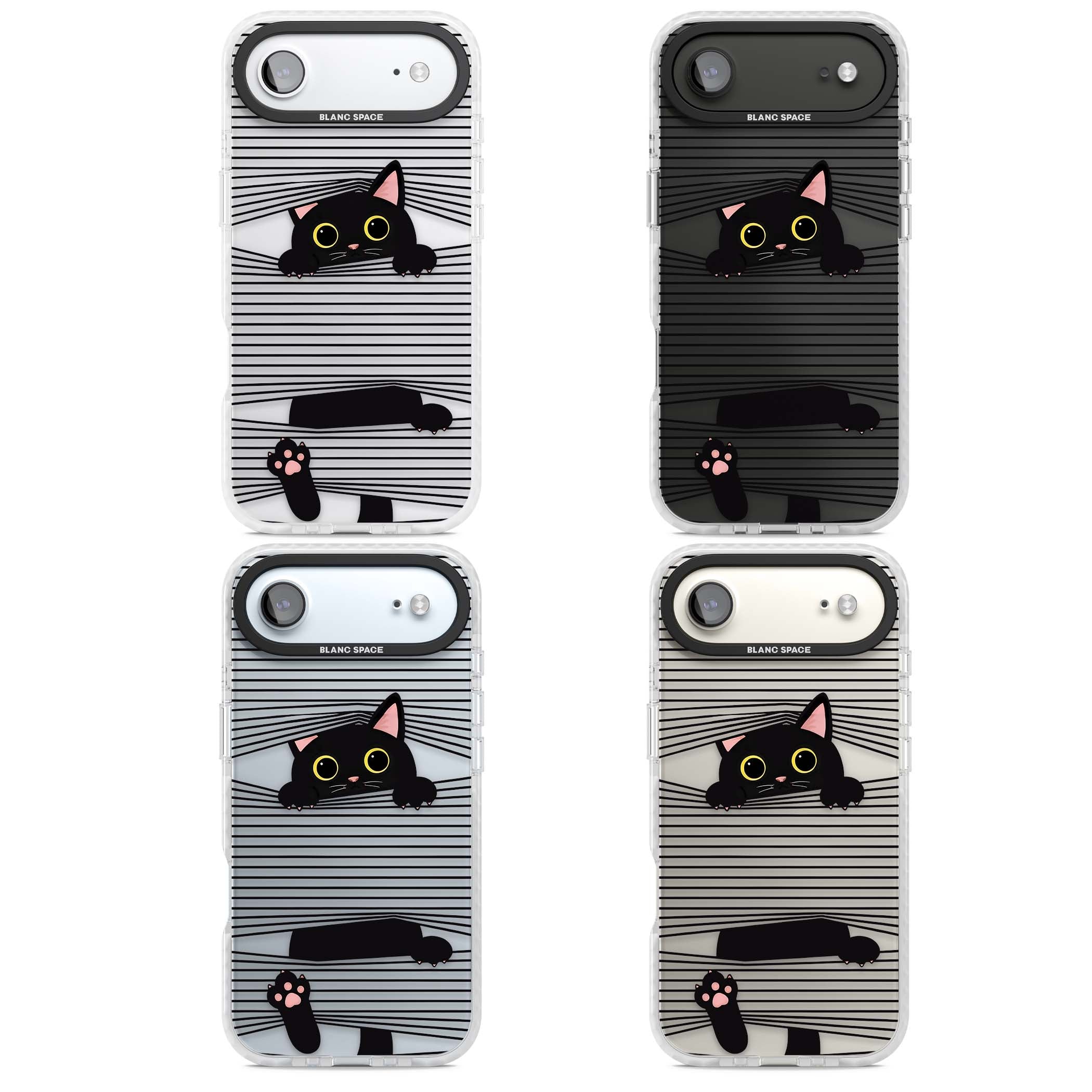Peek-a-Boo Cat minimal iPhone case featuring black cat peeking through horizontal black and white stripes | Black Impact case for iPhone Air