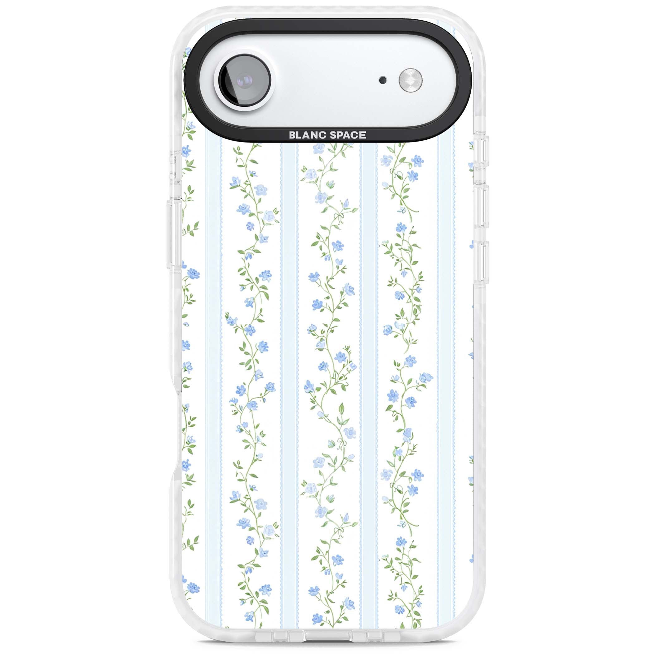 Bluebell Vine cottagecore iPhone case featuring climbing blue roses, trailing green vines, and pale ticking stripes | Black Impact case for iPhone Air