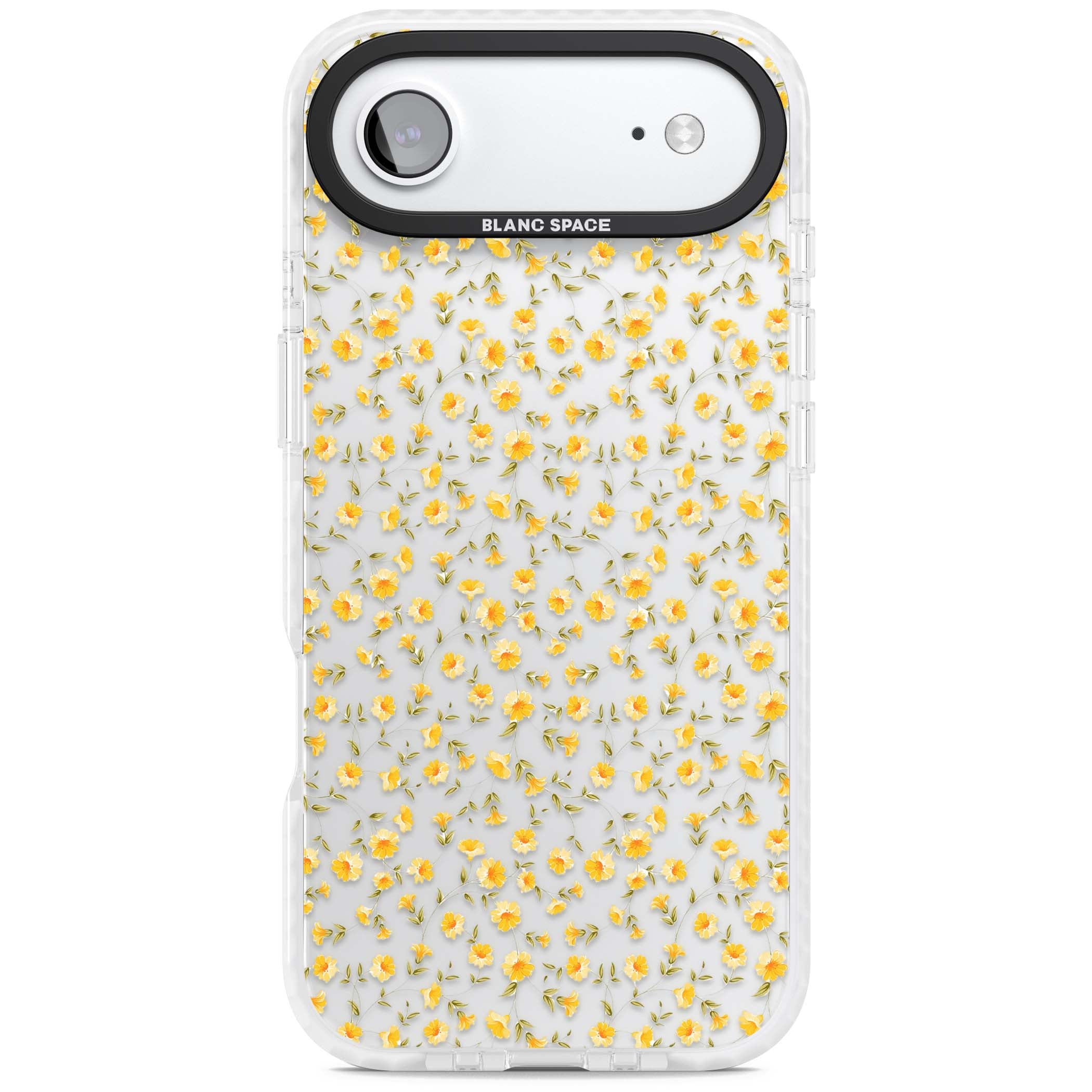Buttercup wildflower iPhone case featuring tiny yellow flowers and trailing green vines on clear | Black Impact case for iPhone Air