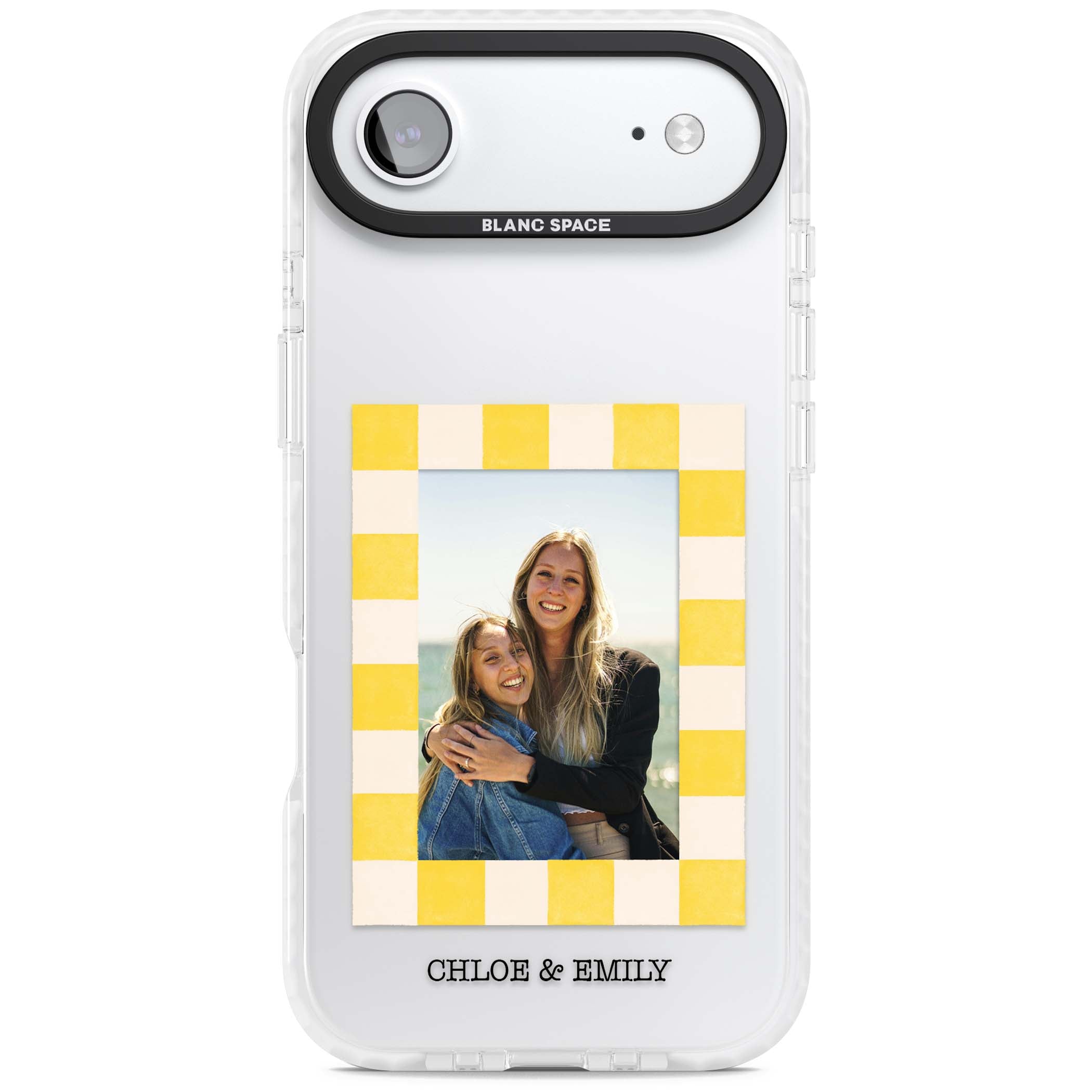 Yellow Check Photo personalised iPhone case with yellow checkered Polaroid frame and custom names beneath | Black Impact case for iPhone Air