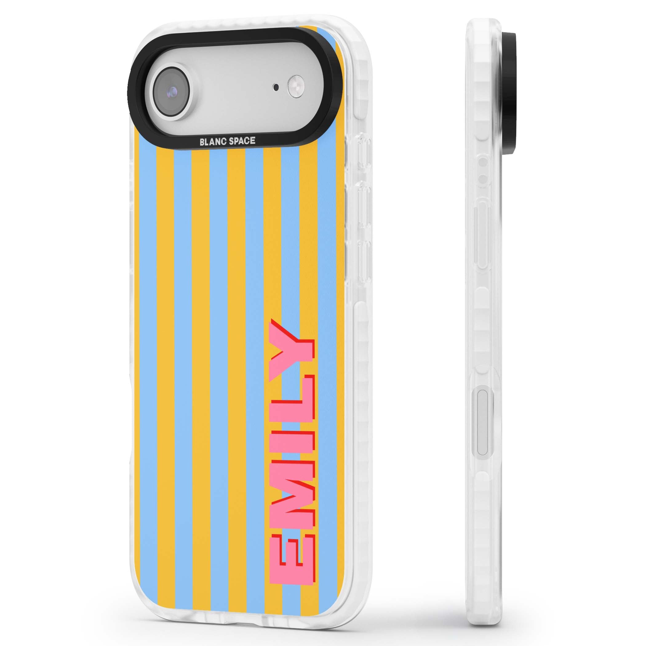 Carribean Stripe personalised coastal iPhone case with yellow and blue vertical stripes and a custom pink name | Black Impact case for iPhone Air