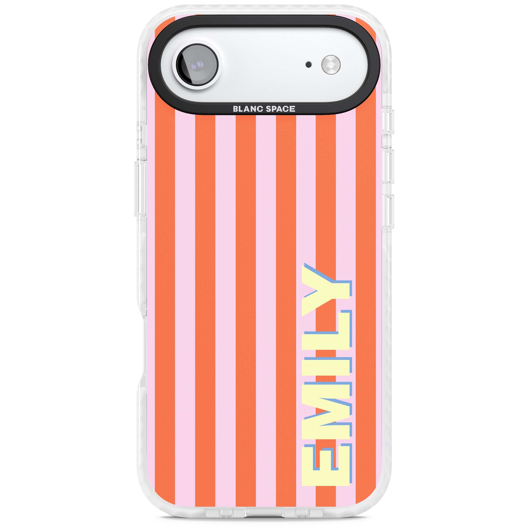 Havana Stripe personalised iPhone case featuring pink and orange vertical stripes with a custom yellow name | Black Impact case for iPhone Air