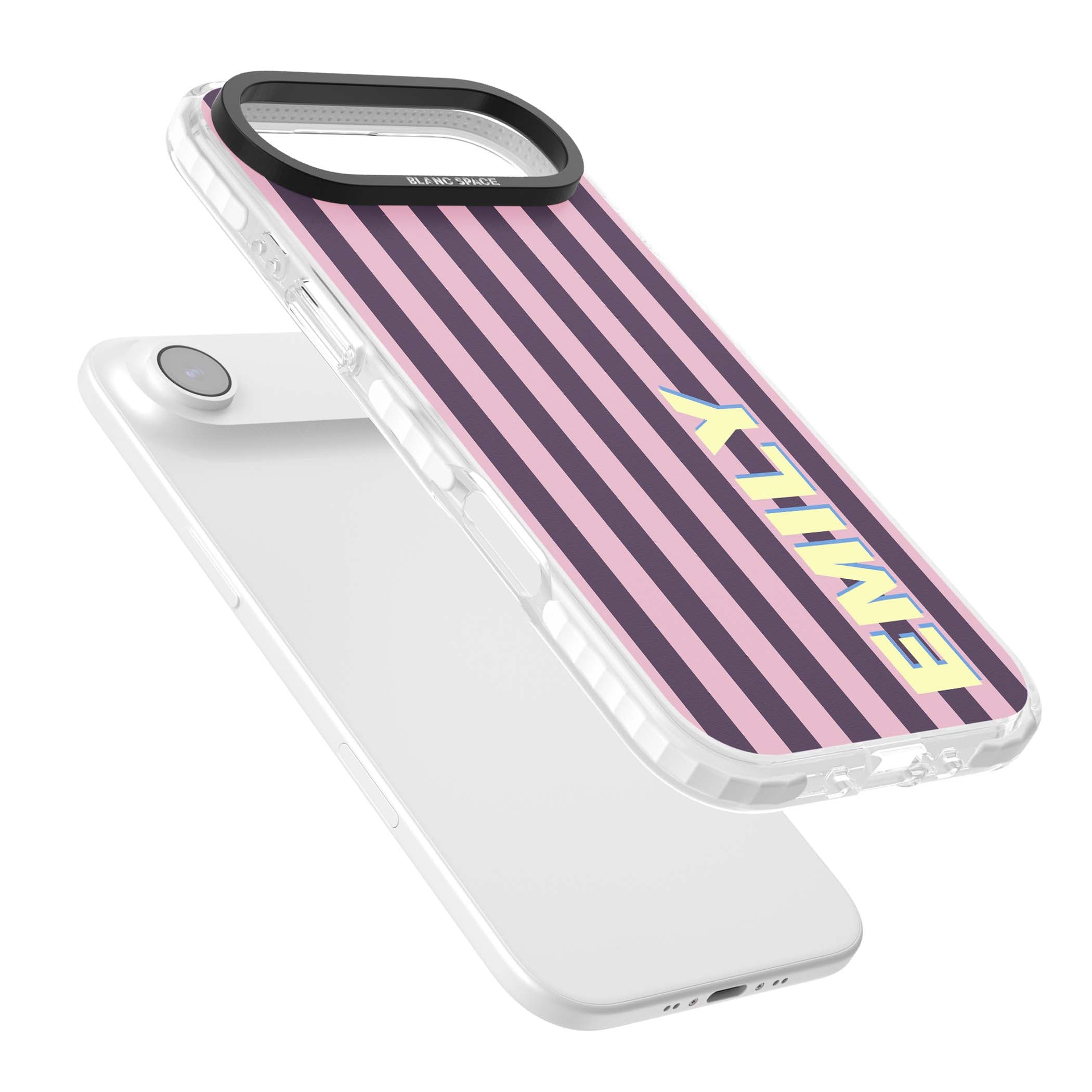 Tyre Stripe personalised stripe iPhone case with plum and pink vertical stripes and custom yellow name | Black Impact case for iPhone Air