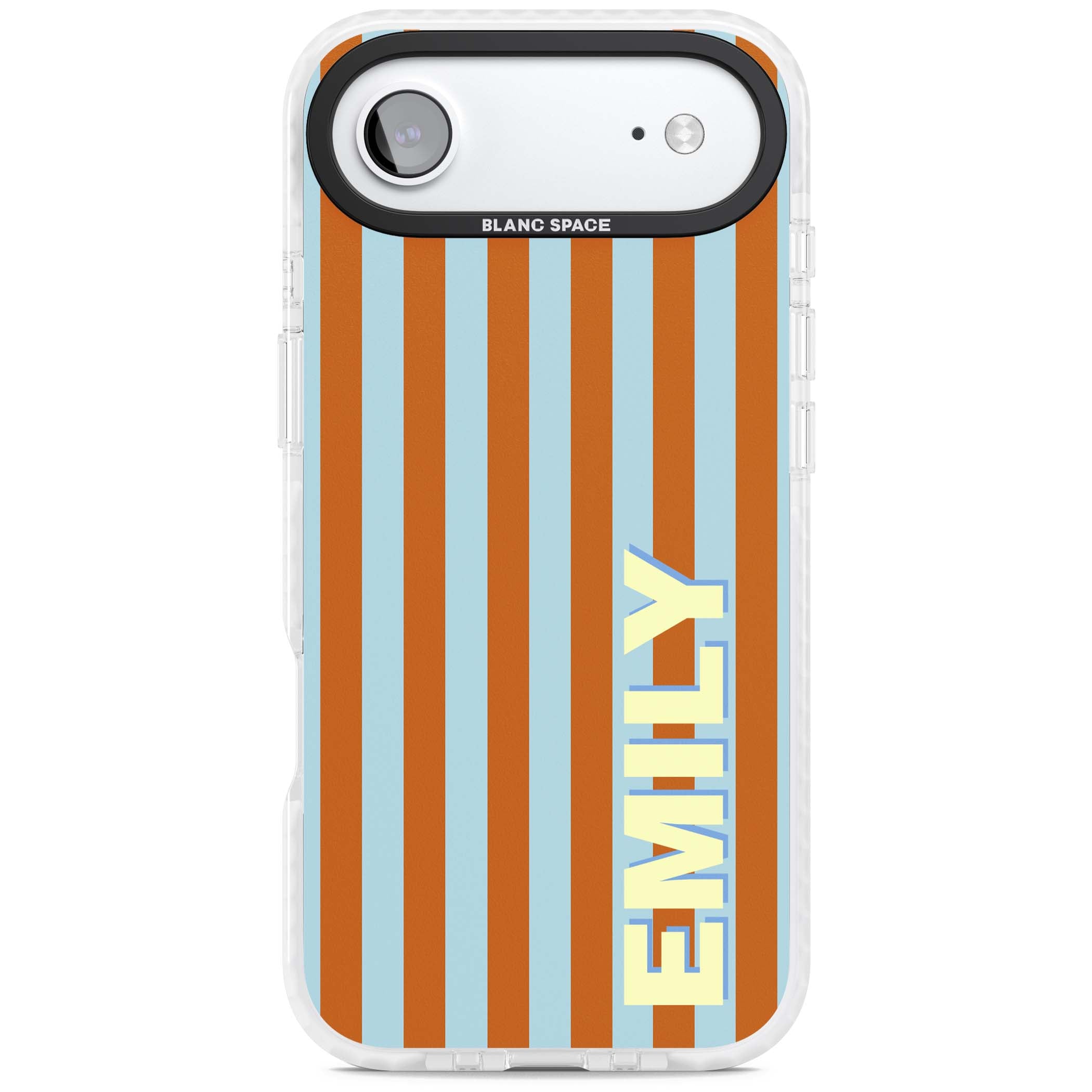 Cappadocia Stripe personalised coastal iPhone case featuring blue and orange vertical stripes with custom cream name | Black Impact case for iPhone Air