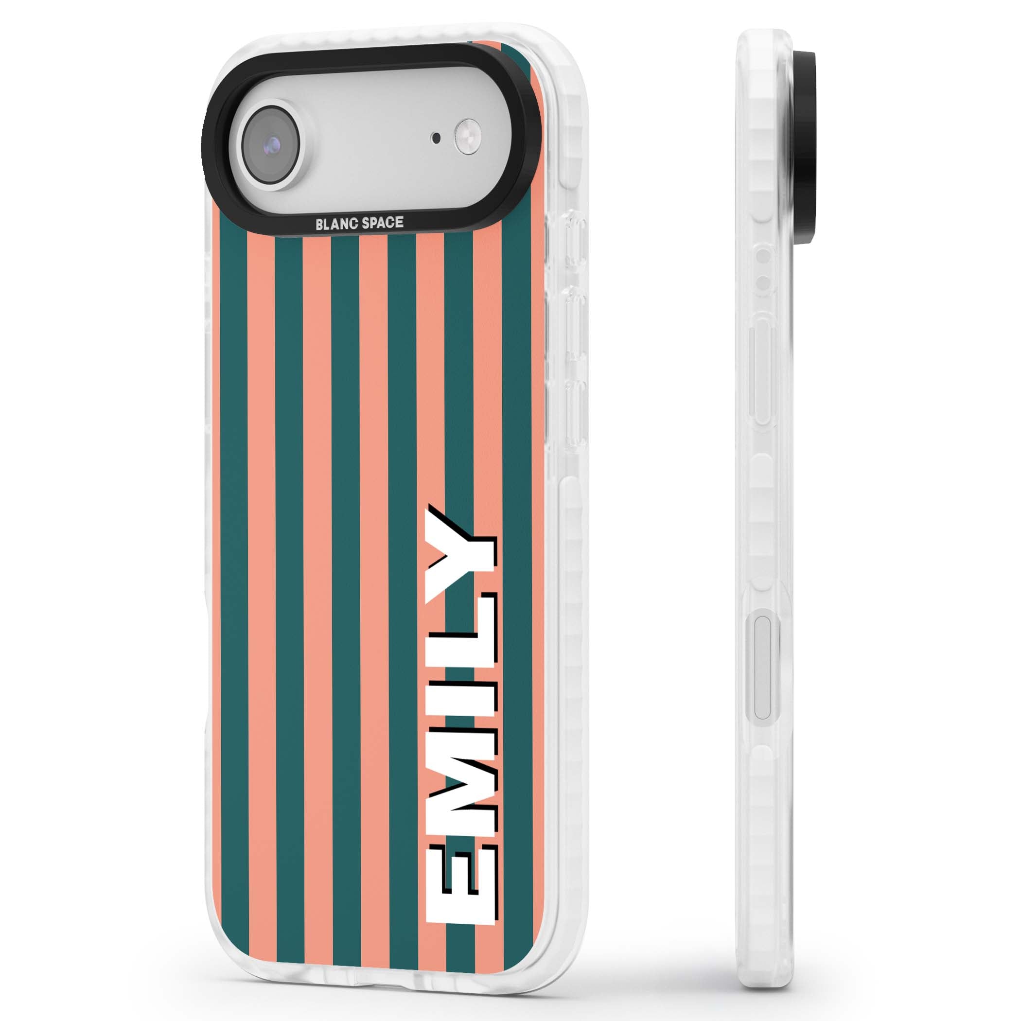 Tuscan Stripe personalised iPhone case featuring coral and green vertical stripes with bold custom name | Black Impact case for iPhone Air