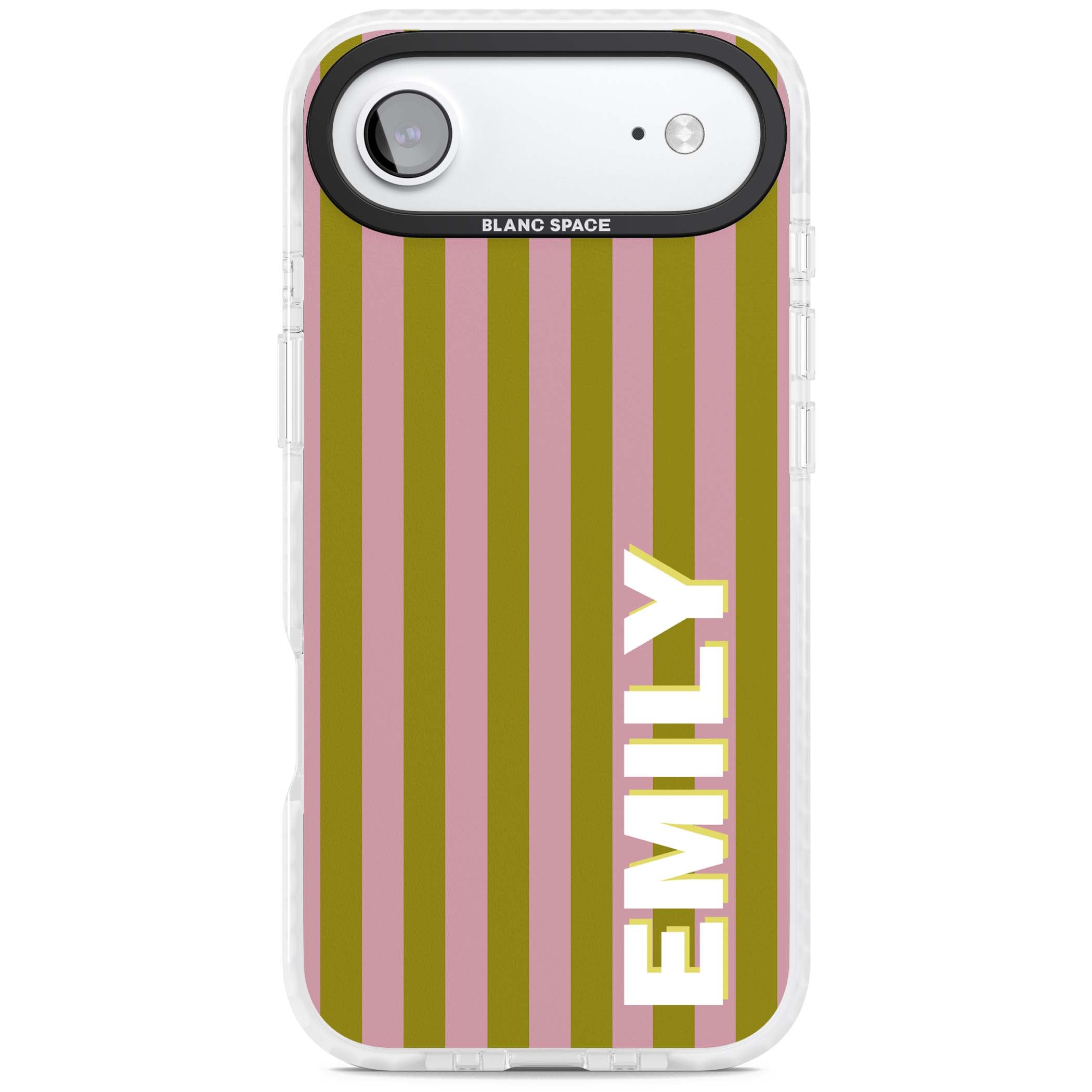 Istanbul Stripe personalised iPhone case featuring pink and olive green vertical stripes with a custom vertical name | Black Impact case for iPhone Air