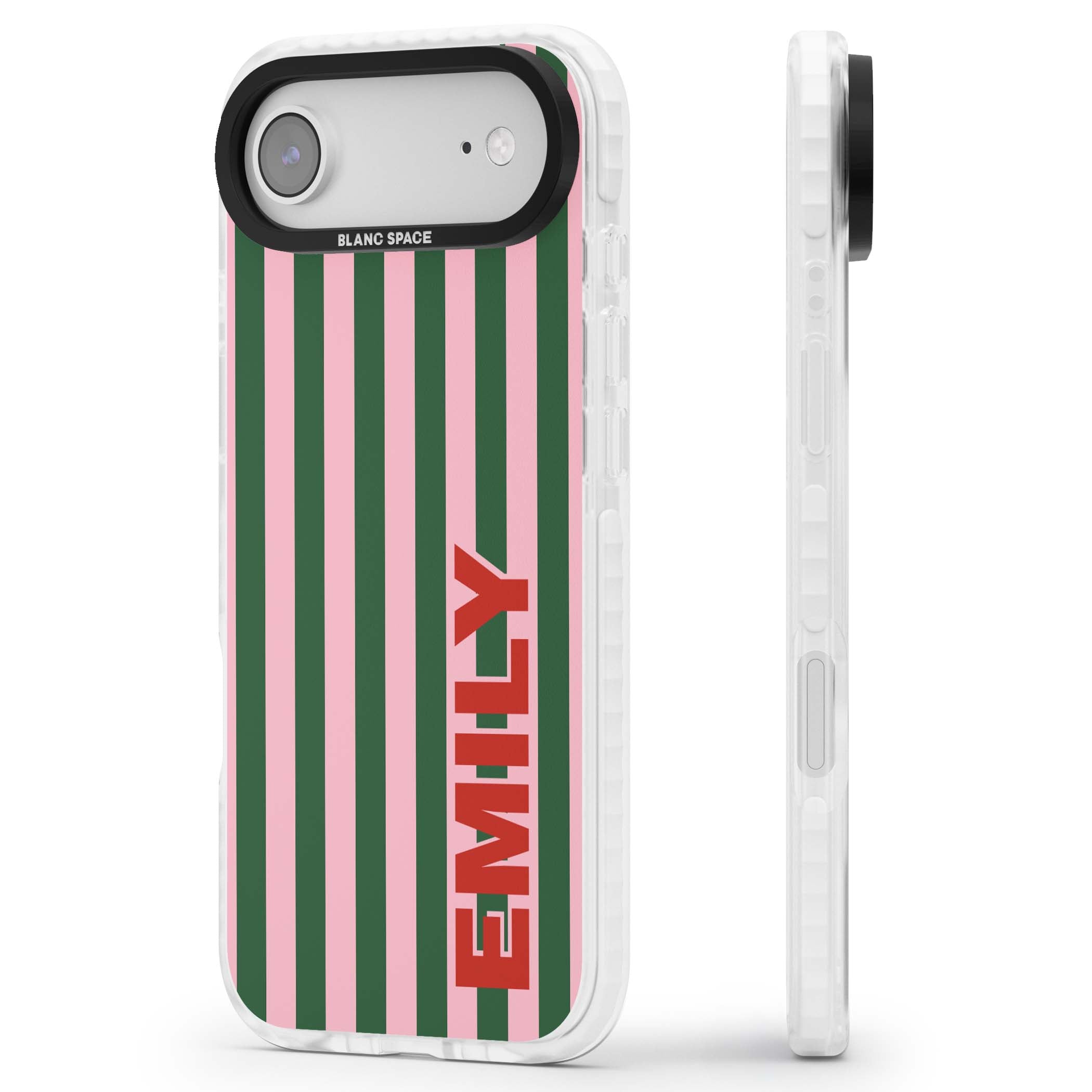Italian Stripe preppy iPhone case featuring pink and green vertical stripes with personalised red name | Black Impact case for iPhone Air