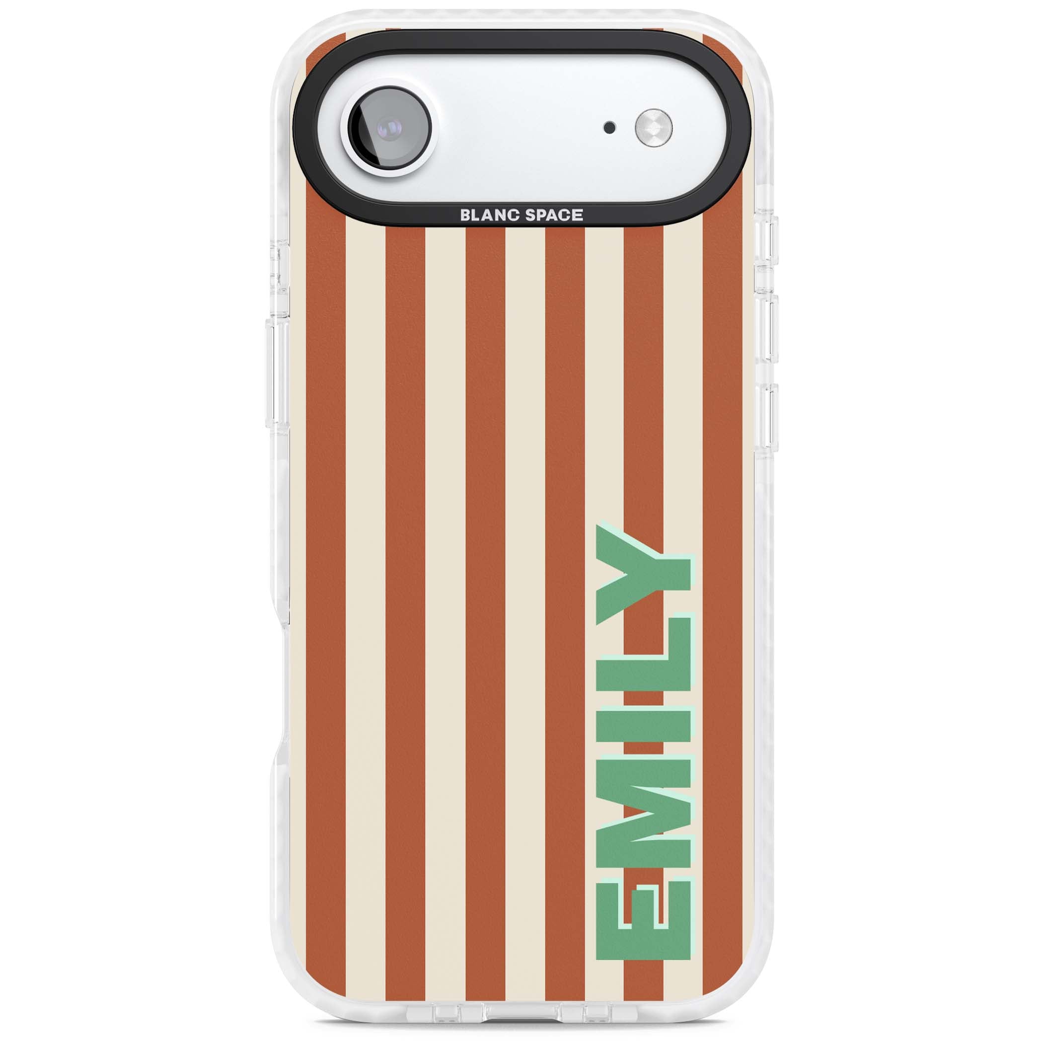 Dune Stripe personalised iPhone case with rust and cream vertical stripes and custom name in mint green | Black Impact case for iPhone Air