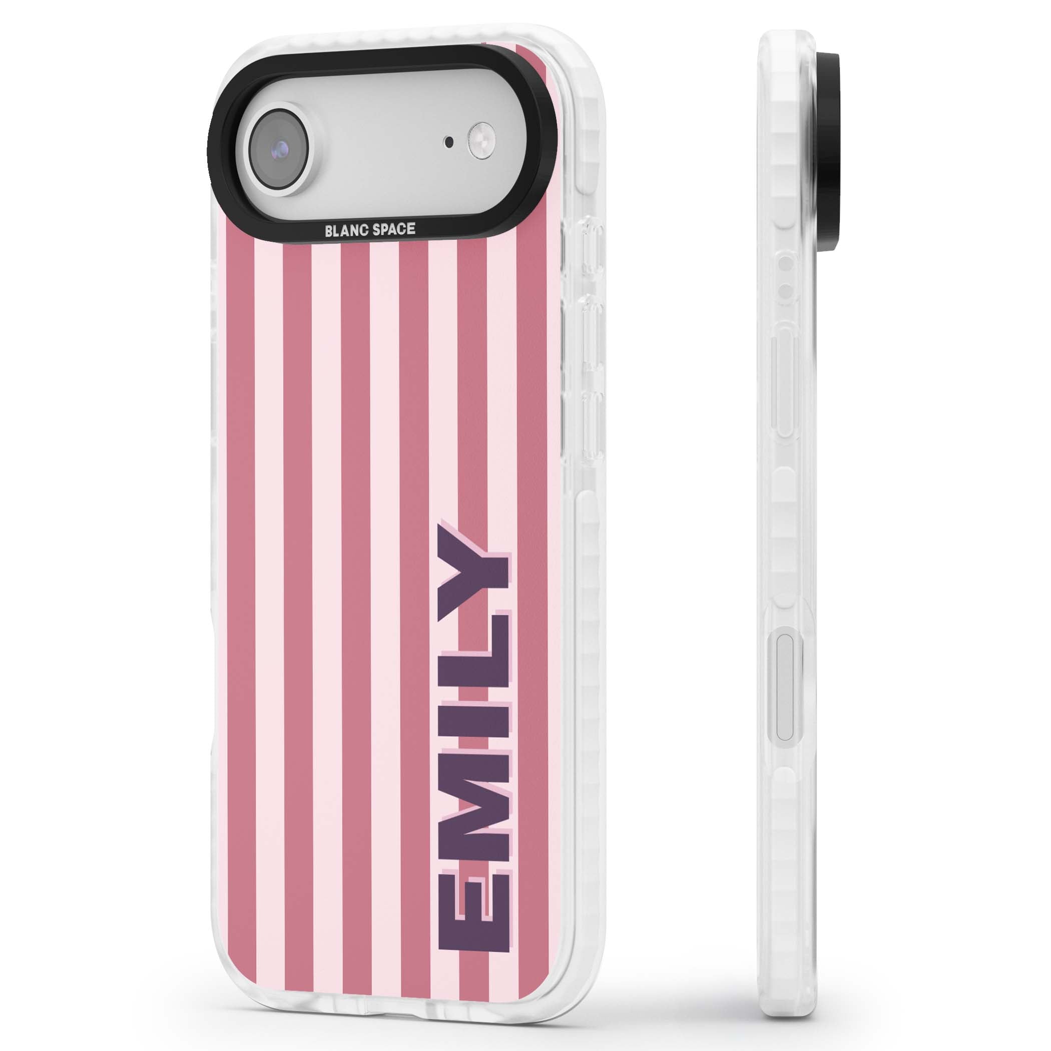 Victoria Stripe personalised iPhone case featuring pink vertical stripes and custom name in bold plum lettering | Black Impact case for iPhone Air