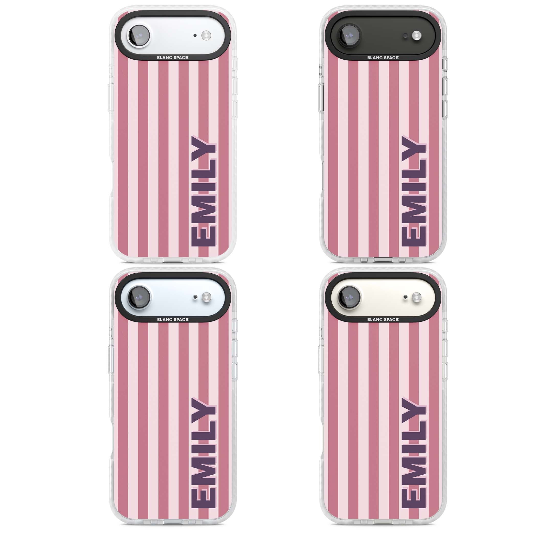 Victoria Stripe personalised iPhone case featuring pink vertical stripes and custom name in bold plum lettering | Black Impact case for iPhone Air