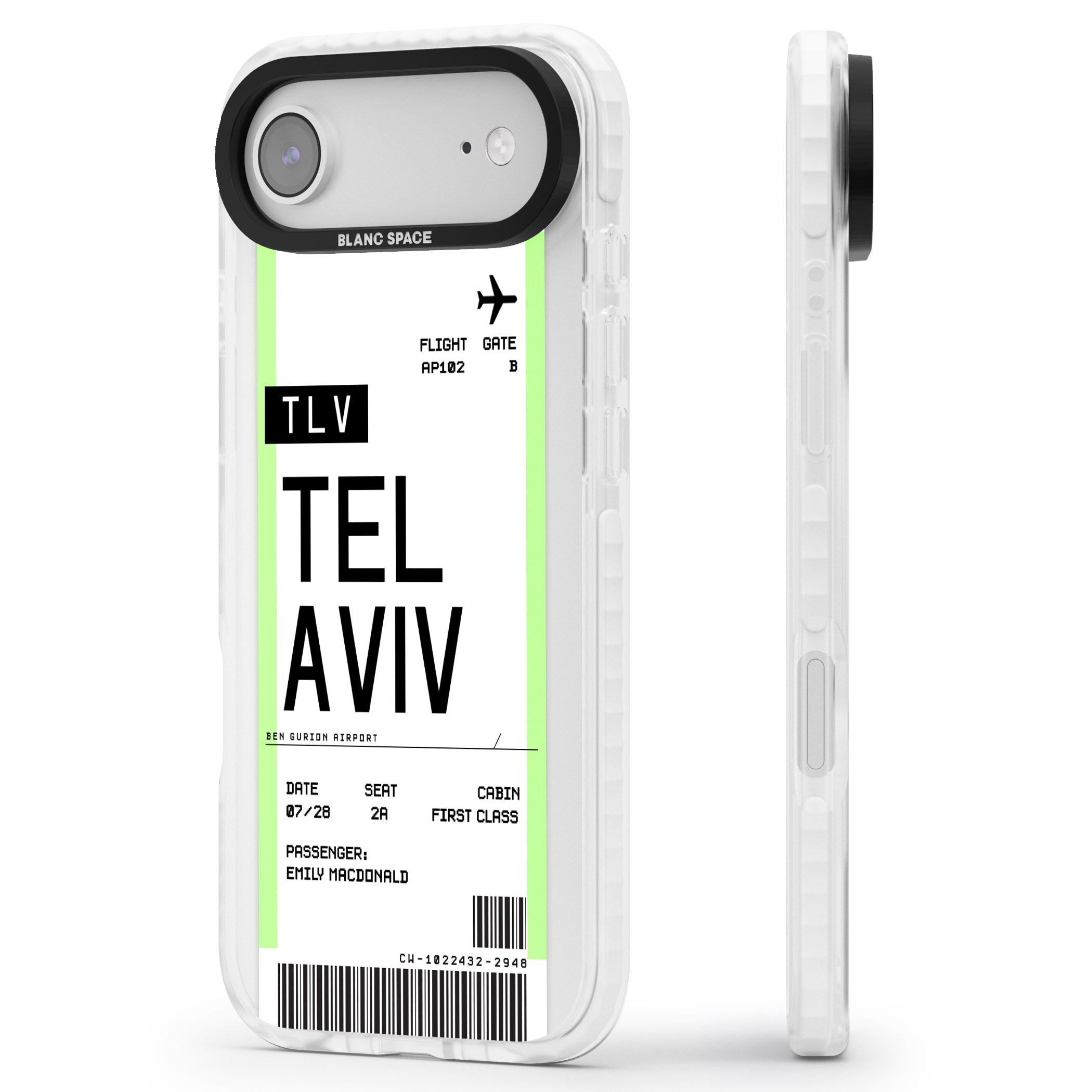 Personalised Tel Aviv Boarding Pass iPhone 17 Air Impact Clear Phone Case Side Profile