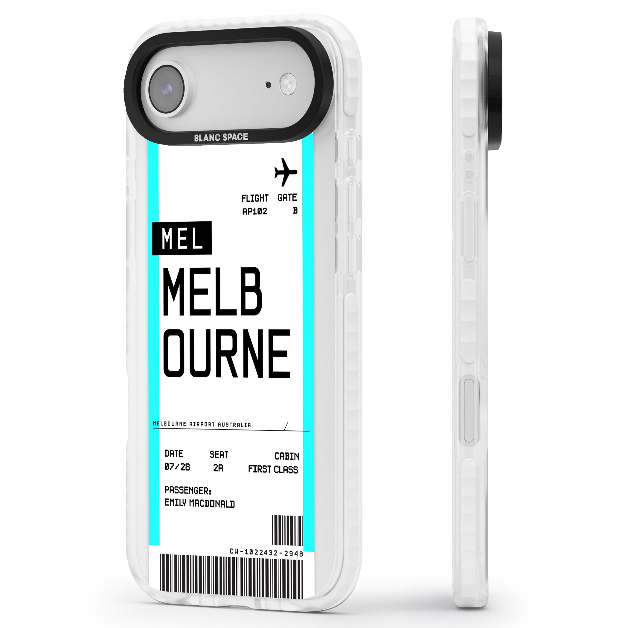 Personalised Melbourne Boarding Pass iPhone 17 Air Impact Clear Phone Case Side Profile