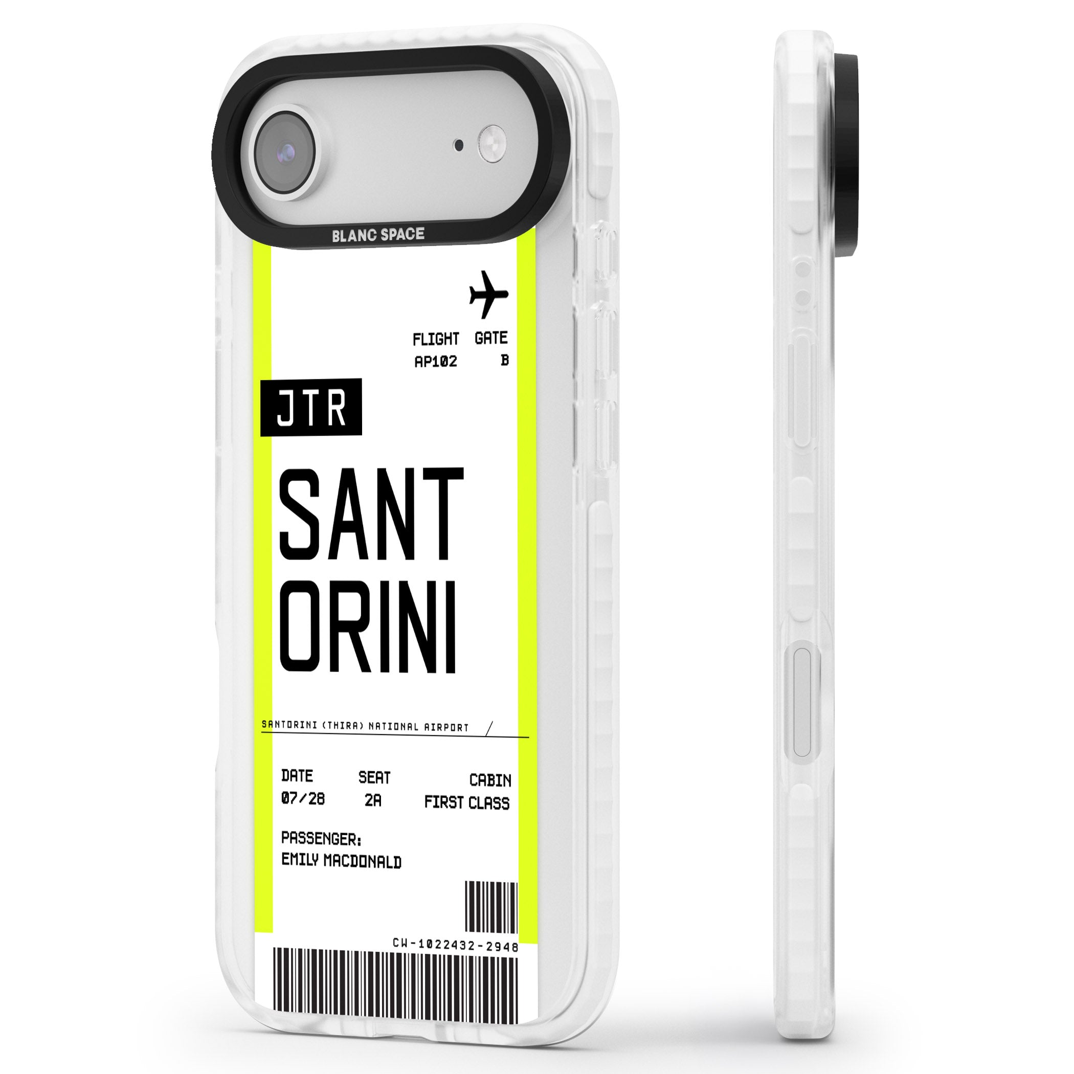 Personalised Santorini Boarding Pass iPhone 17 Air Impact Clear Phone Case Side Profile