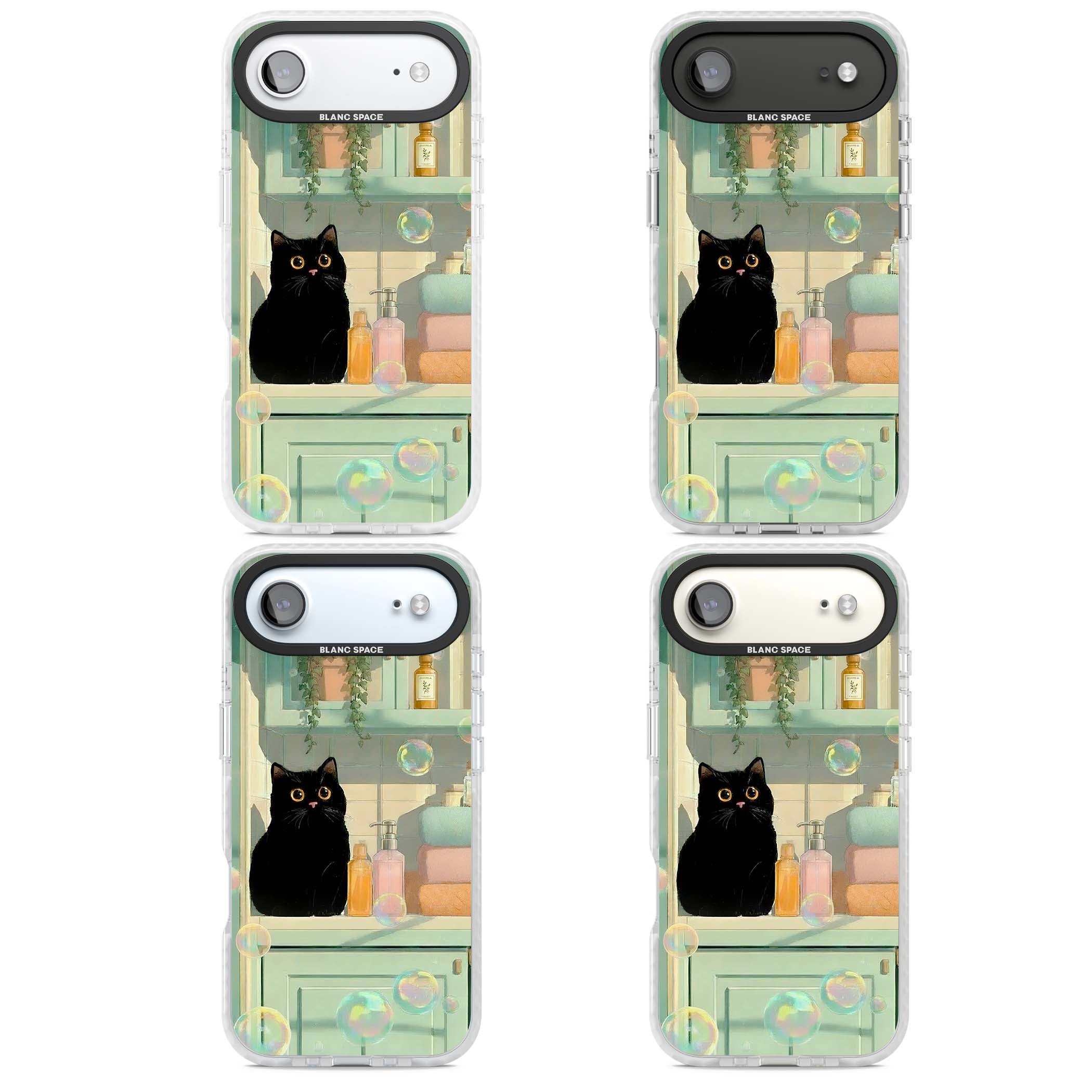 Bathroom Bubble Kitty cottagecore iPhone case featuring a black cat, mint bathroom scene and floating soap bubbles | Black Impact case for iPhone Air