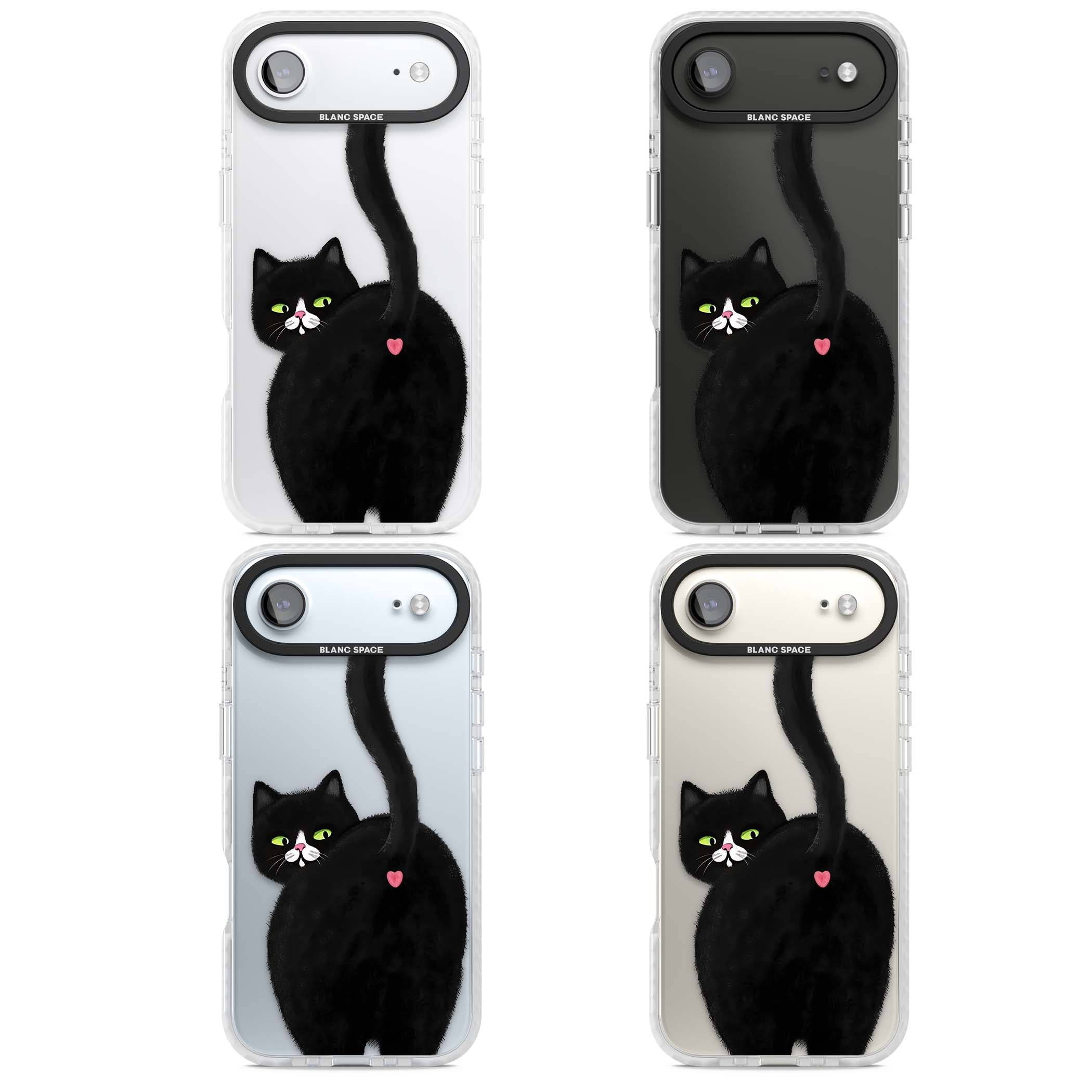 The Cat's Kiss cute cat iPhone case featuring a hand-painted tuxedo kitty with green eyes and a pink heart on a clear  | Black Impact case for iPhone Air