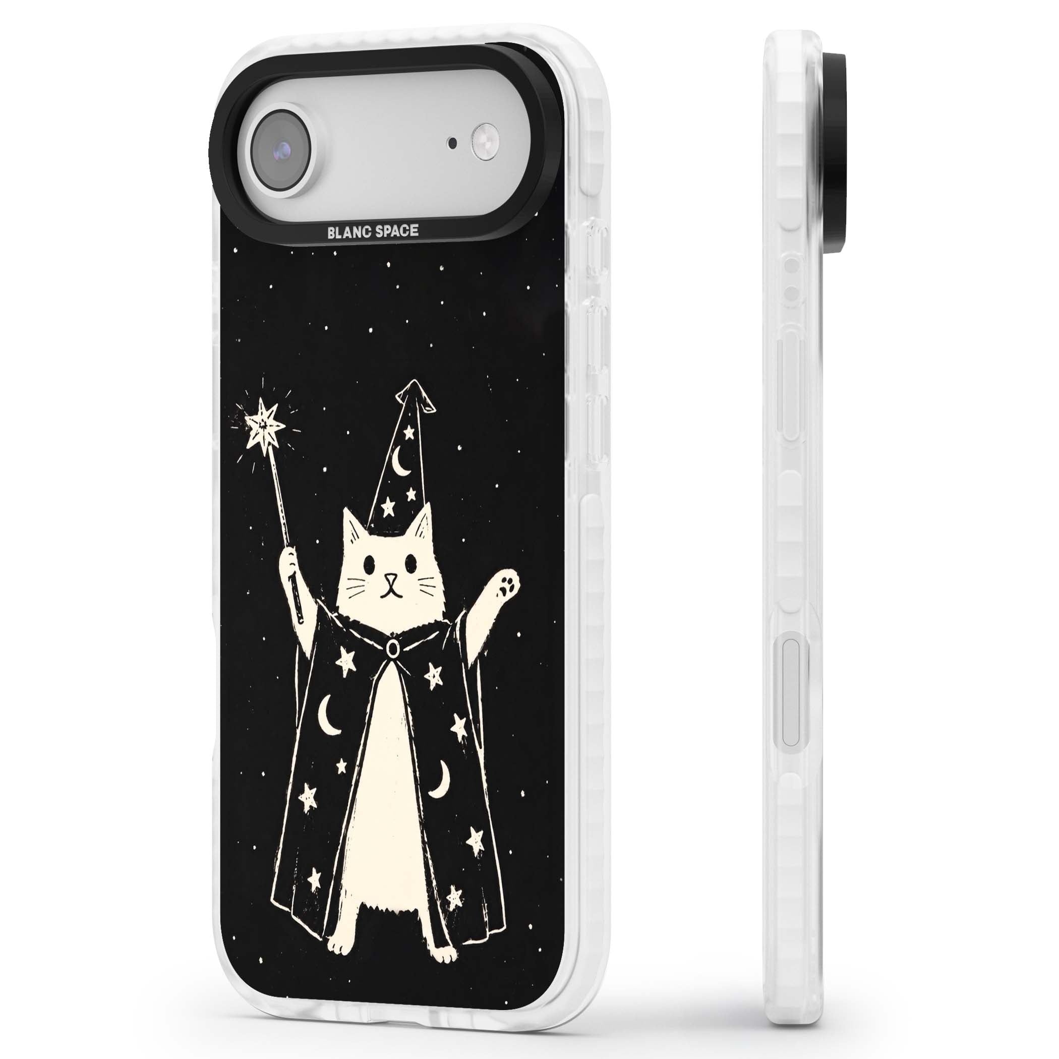 Whisker Wizard celestial cat iPhone case featuring a wizard cat with magic wand, starry night sky and crescent moons | Black Impact case for iPhone Air