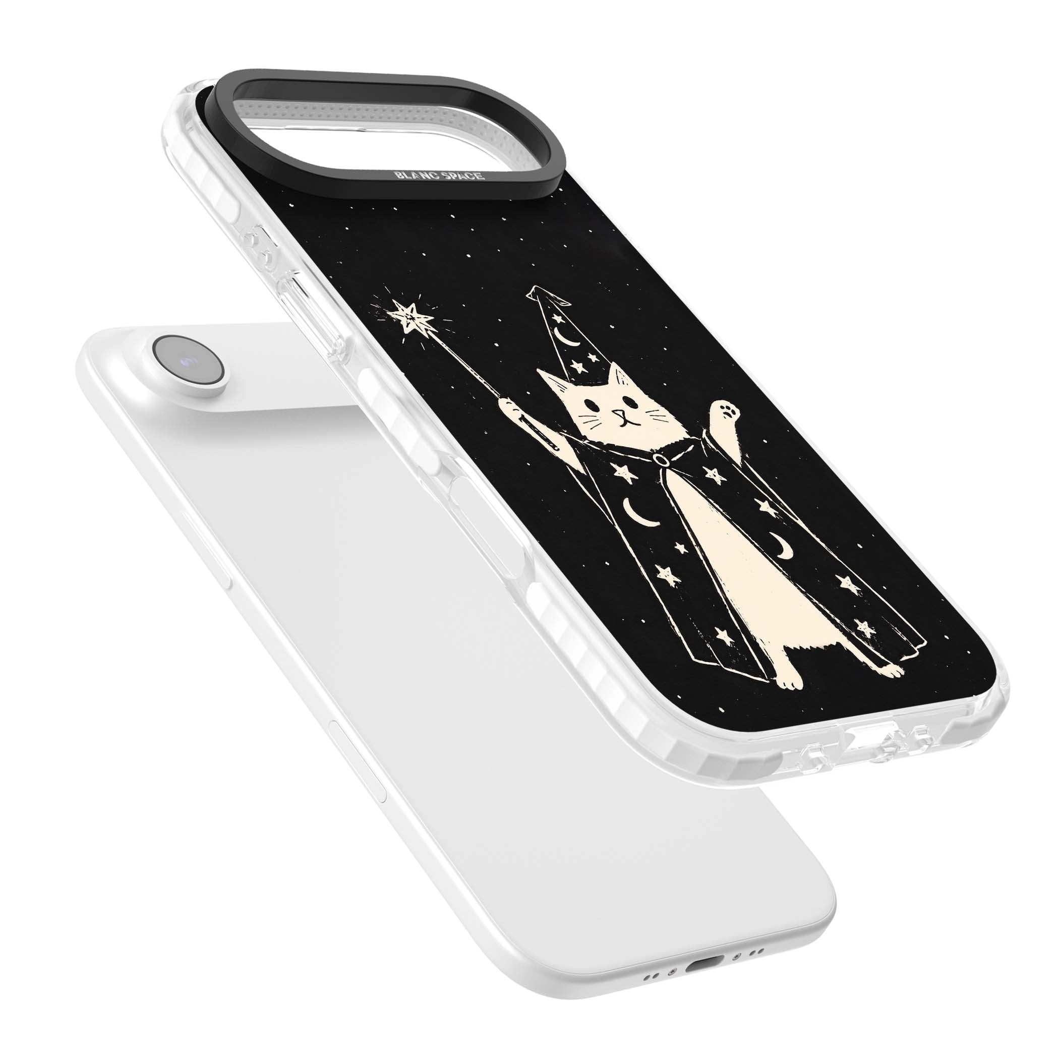 Whisker Wizard celestial cat iPhone case featuring a wizard cat with magic wand, starry night sky and crescent moons | Black Impact case for iPhone Air