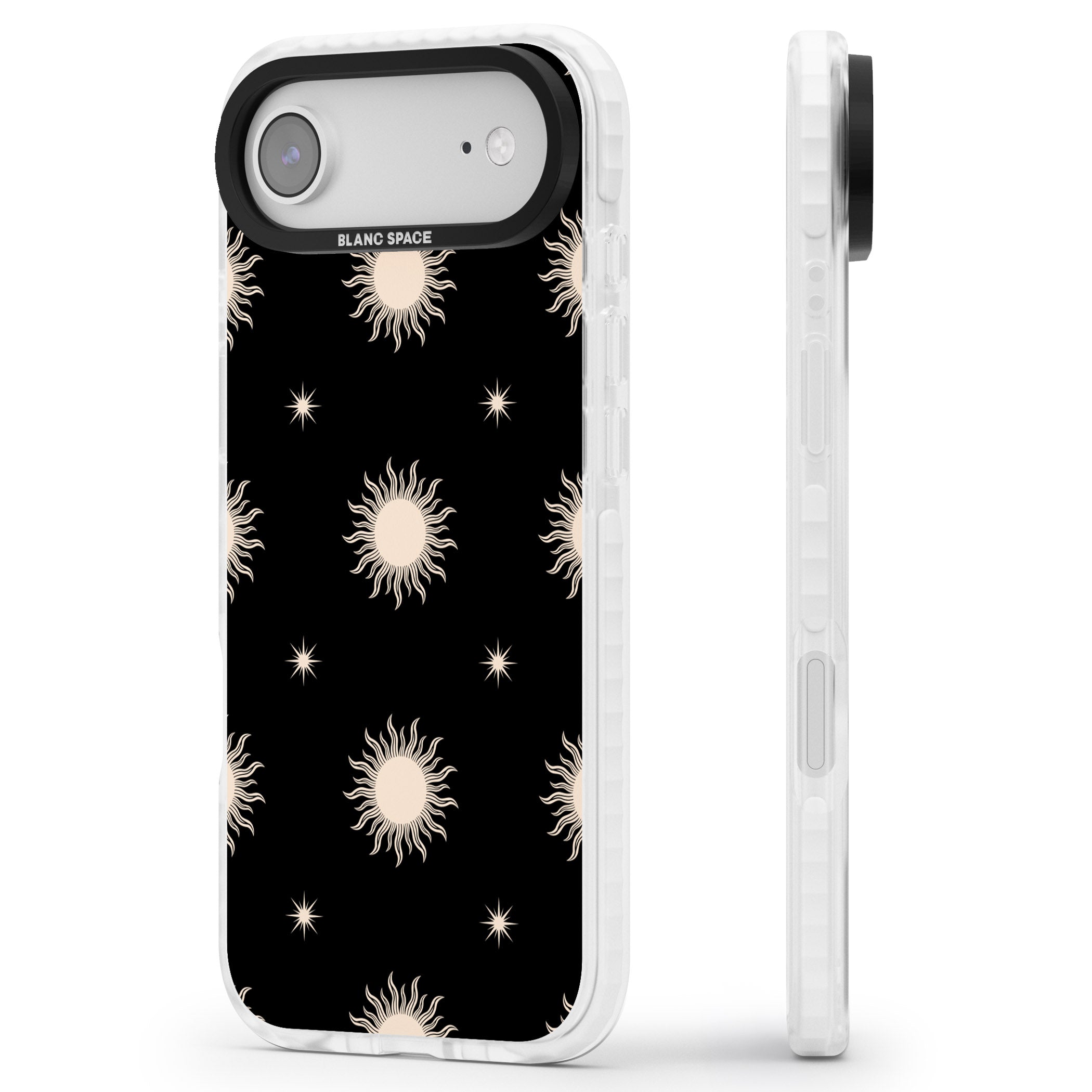 Celestial Patterns Classic Suns (Black) iPhone 17 Air Impact Clear Phone Case Side Profile