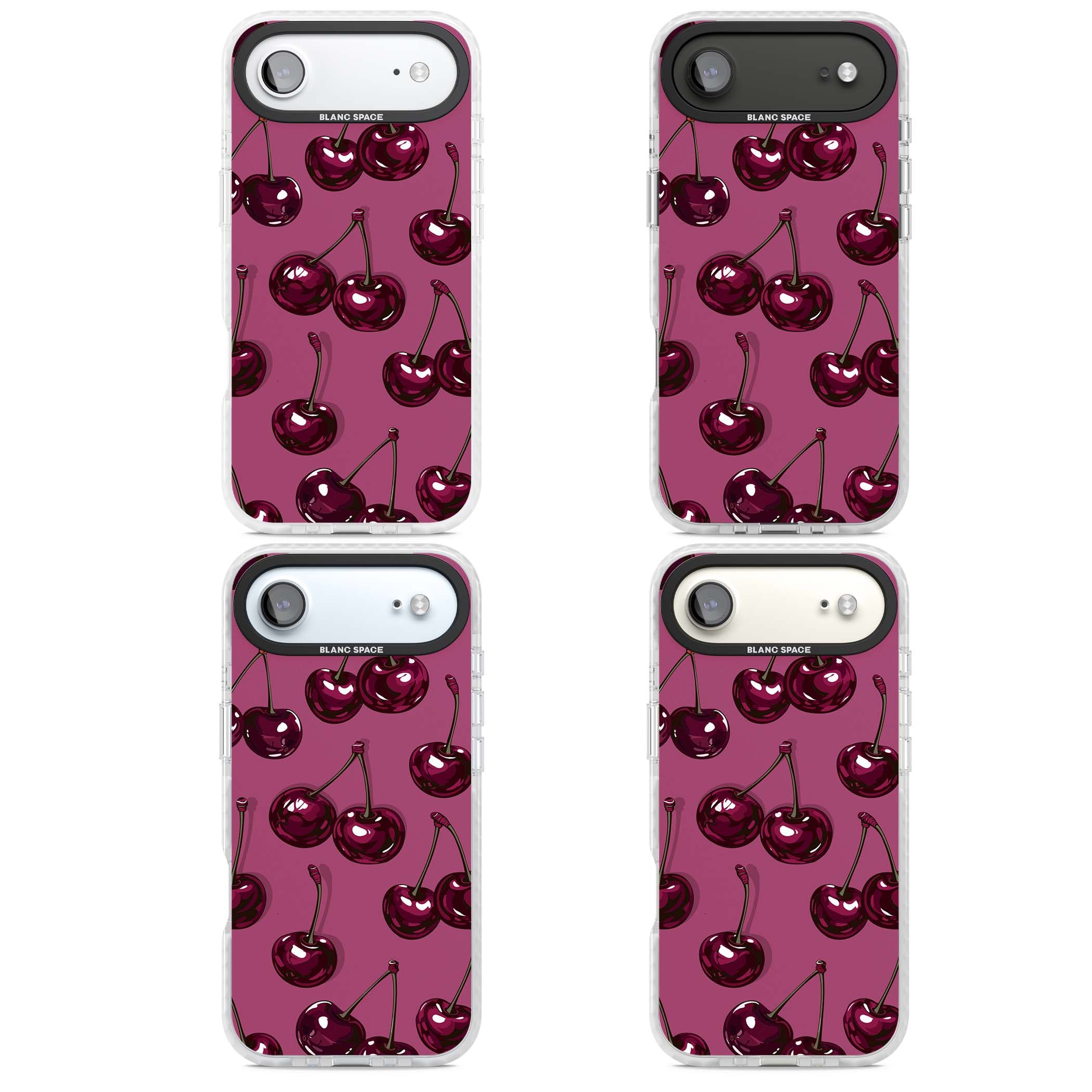 Cherry Soda coquette iPhone case featuring glossy burgundy cherries on a dusty pink background | Black Impact case for iPhone Air